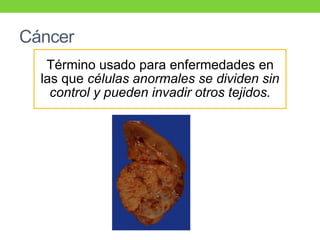 Cáncer
Término usado para enfermedades en
las que células anormales se dividen sin
control y pueden invadir otros tejidos.
 