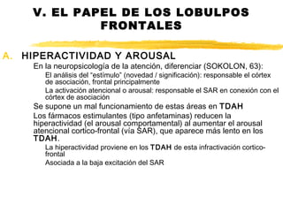 V. EL PAPEL DE LOS LOBULPOS
FRONTALES
A. HIPERACTIVIDAD Y AROUSAL
En la neuropsicología de la atención, diferenciar (SOKOLON, 63):
El análisis del “estímulo” (novedad / significación): responsable el córtex
de asociación, frontal principalmente
La activación atencional o arousal: responsable el SAR en conexión con el
córtex de asociación
Se supone un mal funcionamiento de estas áreas en TDAH
Los fármacos estimulantes (tipo anfetaminas) reducen la
hiperactividad (el arousal comportamental) al aumentar el arousal
atencional cortico-frontal (vía SAR), que aparece más lento en los
TDAH.
La hiperactividad proviene en los TDAH de esta infractivación cortico-
frontal
Asociada a la baja excitación del SAR
 