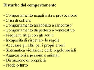 Disturbo del comportamento
- Comportamento negativista e provocatorio
- Crisi di collera
- Comportamento arrabbiato o rancoroso
- Comportamento dispettoso o vendicativo
- Frequenti litigi con gli adulti
- Incapacità di rispettare le regole
- Accusare gli altri per i propri errori
- Sistematica violazione delle regole sociali
- Aggressioni a persone o animali
- Distruzione di proprietà
- Frode o furto
 