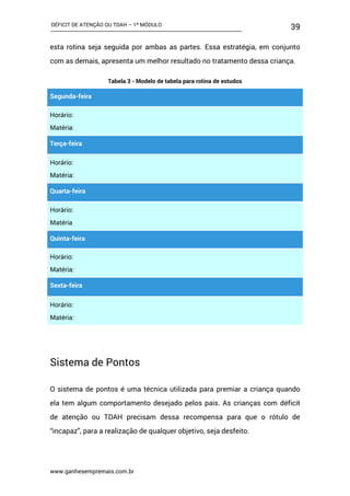 DÉFICIT DE ATENÇÃO OU TDAH – 1º MÓDULO
www.ganhesempremais.com.br
39
esta rotina seja seguida por ambas as partes. Essa estratégia, em conjunto
com as demais, apresenta um melhor resultado no tratamento dessa criança.
Tabela 3 - Modelo de tabela para rotina de estudos
Segunda-feira
Horário:
Matéria:
Terça-feira
Horário:
Matéria:
Quarta-feira
Horário:
Matéria
Quinta-feira
Horário:
Matéria:
Sexta-feira
Horário:
Matéria:
Sistema de Pontos
O sistema de pontos é uma técnica utilizada para premiar a criança quando
ela tem algum comportamento desejado pelos pais. As crianças com déficit
de atenção ou TDAH precisam dessa recompensa para que o rótulo de
“incapaz”, para a realização de qualquer objetivo, seja desfeito.
 