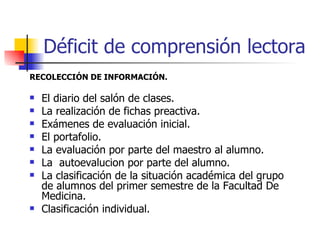 Déficit de comprensión lectora RECOLECCIÓN DE INFORMACIÓN. El diario del salón de clases. La realización de fichas preactiva. Exámenes de evaluación inicial.   El portafolio.   La evaluación por parte del maestro al alumno.   La  autoevalucion por parte del alumno.  La clasificación de la situación académica del grupo de alumnos del primer semestre de la Facultad De Medicina.   Clasificación individual. 