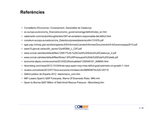 Referències


•  Conselleria d’Economia i Coneixement, Generalitat de Catalunya
•  ec.europa.eu/economy_finance/economic_governance/sgp/deficit/index_en.htm
•  salaimartin.com/randomthoughts/item/397-el-verdadero-responsable-del-déficit.html
•  consilium.europa.eu/uedocs/cms_Data/docs/pressdata/en/ecofin/131676.pdf
•  igae.pap.minhap.gob.es/sitios/igae/es-ES/InformesCuentas/Informes/Documents/Inf-A2/avanceaapp2010.pdf
•  www15.gencat.cat/ecofin_wpres12/pdf/DBA_L_CAT.pdf
•  www.ccncat.cat/sites/default/files/120817%20-%20Credit%20Sobirà%20Catalunya_0.pdf
•  www.ccncat.cat/sites/default/files/Dmes1.El%20Pressupost%20de%20Estat%20Català.pdf
•  economia.elpais.com/economia/2012/02/29/actualidad/1330549181_948694.html
•  bloomberg.com/news/2012-10-04/linde-says-spain-may-miss-deficit-goal-optimistic-on-growth-1-.html
•  reuters.com/article/2012/07/10/us-eurozone-ministers-idUSBRE8670LE20120710
•  Déficit público de España 2012 datosmacro_com.htm
•  IMF Lowers Spain's GDP Forecasts, Warns Of Downside Risks MNI.mht
•  Spain to Borrow $267 Billion of Debt Amid Rescue Pressure - Bloomberg.htm




                                                                                                           16
 