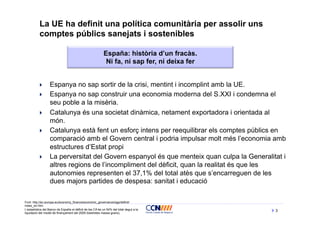 La UE ha definit una política comunitària per assolir uns
           comptes públics sanejats i sostenibles

                                                           España: història d’un fracàs.
                                                            Ni fa, ni sap fer, ni deixa fer


           }     Espanya no sap sortir de la crisi, mentint i incomplint amb la UE.
           }     Espanya no sap construir una economia moderna del S.XXI i condemna el
                  seu poble a la misèria.
           }     Catalunya és una societat dinàmica, netament exportadora i orientada al
                  món.
           }     Catalunya està fent un esforç intens per reequilibrar els comptes públics en
                  comparació amb el Govern central i podria impulsar molt més l’economia amb
                  estructures d’Estat propi
           }     La perversitat del Govern espanyol és que menteix quan culpa la Generalitat i
                  altres regions de l’incompliment del dèficit, quan la realitat és que les
                  autonomies representen el 37,1% del total atès que s’encarreguen de les
                  dues majors partides de despesa: sanitat i educació

Font: http://ec.europa.eu/economy_finance/economic_governance/sgp/deficit/
index_en.htm
L’estadística del Banco de España el dèficit de les CA és un 54% del total degut a la         3
liquidació del model de finançament del 2009 (bestretes massa grans),
 