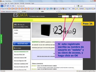 Paso 3A Si  esta registrado escriba su nombre de usuario en “esdata” y su clave de acceso, y haga click en OK 