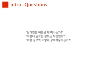 intro : Questions




       ‘현대인은 여행을 왜 떠나는가?’
       ‘여행에 필요한 정보는 무엇인가?’
       ‘여행 정보와 어떻게 상호작용하는가?’
 