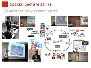 Special Lecture series
다양한	 관점에서	 여행을	 이해하고,	 여행	 산업계의	 니즈를	 파악




                                             Preparing
                                 Post



                                        During
 