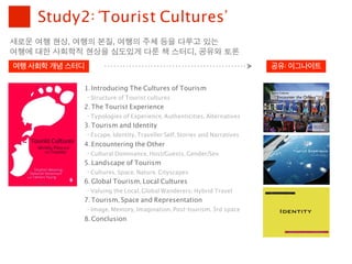 Study2: ‘Tourist Cultures’
새로운	 여행	 현상,	 여행의	 본질,	 여행의	 주체	 등을	 다루고	 있는	 
여행에	 대한	 사회학적	 현상을	 심도있게	 다룬	 책	 스터디,	 공유와	 토론
여행 사회학 개념 스터디                                                                공유: 이그나이트

              1. Introducing The Cultures of Tourism
                - Structure of Tourist cultures
              2. The Tourist Experience
                - Typologies of Experience, Authenticities, Alternatives
              3. Tourism and Identity
                - Escape, Identity, Traveller Self, Stories and Narratives
              4. Encountering the Other
                - Cultural Dominance, Host/Guests, Gender/Sex
              5. Landscape of Tourism
                - Cultures, Space, Nature, Cityscapes
              6. Global Tourism, Local Cultures
                - Valuing the Local, Global Wanderers, Hybrid Travel
              7. Tourism, Space and Representation
                - Image, Memory, Imagination, Post-tourism, 3rd space
              8. Conclusion
 