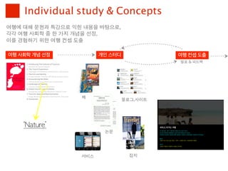 Individual study & Concepts
여행에	 대해	 문헌과	 특강으로	 익힌	 내용을	 바탕으로,	 
각각	 여행	 사회학	 중	 한	 가지	 개념을	 선정,
이를	 경험하기	 위한	 여행	 컨셉	 도출

여행 사회학 개념 선정                 개인 스터디             여행 컨셉 도출
                                                발표	 &	 피드백




                       책
                                      블로그,사이트




     ‘Nature’
                              논문




                       서비스              잡지
 