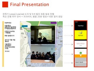 Final Presentation
한학기	 Lesson	 Learned	 소개	 및	 5개	 팀의	 최종	 발표	 진행
특강	 진행	 외부	 연사	 +	 프리비아,	 팀별	 20분	 발표+10분	 질의	 응답
 