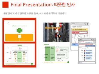 Final Presentation: 따뜻한 인사
여행	 현지	 토박이	 친구와	 교류를	 통해,	 여기저기	 구석구석	 여행하기
 