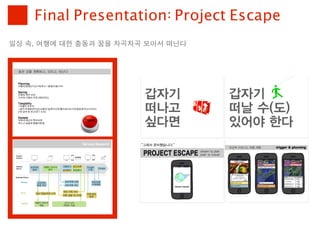 Final Presentation: Project Escape
일상	 속,	 여행에	 대한	 충동과	 꿈을	 차곡차곡	 모아서	 떠난다
 