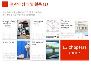 결과의 정리 및 활용 (1)
챕터	 정리	 내용의	 iBooks	 편집	 및	 출판화	 작업	 
총	 18개	 챕터로	 구성	 예정	 (ongoing)




                                        13 chapters
                                           more
 