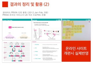 결과의 정리 및 활용 (2)
현대카드	 PRIVIA	 인턴	 활동	 (2012.Jan~Feb,	 3명)
PRIVIA	 온라인	 서비스의	 UX	 개선	 프로젝트	 진행




                                             온라인 사이트
                                            개편시 실제반영
 