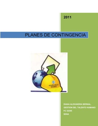 2011DIANA ALEXANDRA BERNAL.GESTION DEL TALENTO HUMANOFC 32295SENAPLANES DE CONTINGENCIA<br />INTRODUCCION<br />Son muchos los riesgos a los que nos vemos expuestos constantemente en nuestro entorno laboral, familiar y social, de aquí se deriva la importancia que sin importar cuál es el medio en el que se desempeñan las organizaciones, estas contemplen dentro de su estructura los diferentes programas encaminados a detectar riesgos y amenazas constantes, presentes en su medio y lograr con esto una disminución de riesgos, que afecten tanto la salud de sus colaboradores, como las pérdidas económicas que pueden generar un evento inesperado.<br />La siguiente en una definición de términos que cualquier organización debería contemplar en sus procesos de formación de los empleados.<br />Términos como plan de contingencia, de emergencia, brigadas y otros que aquí se mencionaran son claves dentro del proceso de Gestión humana de cualquier organización, ya que su conocimiento le ofrecerá a los diferentes sectores de una compañía, diferenciarlos y conocer por lo menos la manera de reaccionar ante una situación que suponga peligro.<br />El análisis posterior fue realizado en la compañía del sector mobiliario Industrias  IMAR LTDA, con el fin de identificar su grado de desarrollo en materia de prevención de riesgos y reacción ante estos.<br />Esperamos pues su aplicación sea de uso positivo dentro de la organización.<br /> <br />ACTIVIDAD<br />Defina que es amenaza, vulnerabilidad, emergencia y riesgo; por favor dar un ejemplo para cada uno de los términos.<br />Que es Planes de contingencia y como funciona<br />Que es una Brigadas de emergencia, cuáles son sus Características, tipos y marco legal.<br />Cuáles son los tipos de Clases de Brigadas vigentes. <br />Que son los planes de emergencias y que Tipos planes hay.<br />Cuáles son las  Metodologías para la determinación del riesgo de emergencias <br />Cuáles son las técnicas de capacitación del personal relacionada con los planes de emergencia.<br />Que es un simulacros y como se pueden hacer <br />Las siguientes preguntas se desarrollaran en la organización objeto de estudio.<br />Identifique si su organización objeto de estudio tiene establecido los temas investigados (Planes de contingencia, Brigadas de emergencia, planes de emergencias, panoramas de riesgos, técnicas de capacitación).<br />Identifique la DOFA para cada uno de los temas anteriores.<br />Identifique cuales son los recursos necesarios para dar cumplimiento a los siguientes temas: Planes de contingencia, Brigadas de emergencia, planes de emergencias, panoramas de riesgos, técnicas de capacitación.<br />1. AMENAZA<br />Las amenazas son  aquellos fenómenos que de llegar a presentarse  en  un espacio y tiempo determinado pueden causar pérdidas y daños en comunidades o en sistemas que no se encuentren adaptados o preparados para absorber sin traumatismos sus efectos. Si dichos eventos se llegaran a presentar en una zona en donde no existe presencia del hombre o de sus actividades son sencillamente expresiones de la naturaleza. <br />¿CÓMO SE CLASIFICAN LAS AMENAZAS? <br />Ejemplos<br />Las amenazas se clasifican en tres tipos:<br />Amenazas naturales: Son propias de la dinámica de la naturaleza y en su ocurrencia no hay responsabilidad del ser humano y tampoco está en capacidad de evitar que se produzcan. Según su origen, se clasifican en amenazas geológicas (sismos, erupciones volcánicas, tsunamis, deslizamientos) e hidro meteorológicas (huracanes, tormentas tropicales, tornados).<br />Amenazas socio-naturales: Existen amenazas aparentemente naturales como inundaciones, sequías o deslizamientos, que en algunos casos son provocadas por la deforestación, el manejo inapropiado de los suelos, la desecación de zonas inundables y pantanosas o la construcción de obras de infraestructura sin precauciones ambientales. Podrían definirse como la reacción de la naturaleza a la acción humana inadecuada sobre los ecosistemas.<br />Amenazas antrópicos: estas son atribuibles a la acción humana sobre el medio ambiente y sobre el entorno físico y social de una comunidad. Ponen  grave peligro la integridad física y la calidad de vida de las personas. Ejemplo: incendios estructurales, contaminación, manejo inadecuado de materiales peligrosos, derrames de sustancias químicas, uso de materiales nocivos para el medio ambiente, etc.<br />VULNERABILIDAD: <br />Es el factor interno del riesgo de un sujeto, objeto o sistema expuesto a una amenaza que corresponde a su disposición intrínseca de ser dañado. Tiene una disposición intrínseca de ser dañado porque hay una debilidad o incapacidad de resistencia ante el fenómeno. <br />La vulnerabilidad, tiene directa relación con las condiciones de debilidad o fragilidad de los elementos físicos o sociales de una comunidad, que pueden resultar afectados,  dañados o destruidos al desencadenarse un fenómeno natural o antrópico, considerado amenazante para dicha comunidad, entre ellos se pueden mencionar los siguientes:<br />Factores económicos: la pobreza es quizás la principal causa de vulnerabilidad, pero también lo es la utilización inadecuada de los recursos económicos disponibles.<br />Factores físicos: relacionados con la ubicación de las poblaciones y sus infraestructuras, el nivel de exposición a los fenómenos potencialmente peligrosos, la calidad de las estructuras y su capacidad de resistencia frente al impacto del evento peligroso.<br />Factores sociales: se refieren a la capacidad que tiene o no una comunidad para organizarse y la forma en que se estructuran para enfrentar el riesgo.<br />Factores políticos: se refiere al nivel de autonomía que posee una comunidad para tomar decisiones sobre los problemas que la afectan, así como la capacidad de negociación de la comunidad frente a los actores políticos.<br />Frente a las diferentes amenazas que pueden afectar una comunidad determinada y que en muchos casos no se pueden evitar, se tienen que desarrollar acciones que apunten a bajar o eliminar la vulnerabilidad para disminuir el nivel de riesgo existente en una zona determinada., de ahí la importancia de resolver muy objetivamente la matriz de vulnerabilidad y plantear acciones para disminuirla.<br />EMERGENCIA: <br />Es la situación que se crea ante la presencia real o ante la probable presencia inminente de un fenómeno potencialmente peligroso que ya ha producido, esta produciendo o puede producir daños o alteraciones graves en las condiciones normales de vida de un área geográfica determinada<br />Las emergencias se clasifican por su origen, de la siguiente manera: a. Técnico: Incendio, explosión, escape de vapores tóxicos, contaminación  radiactiva, fallas estructurales, de equipos y sistemas, accidentes de tránsito, concentración de personas e intoxicaciones alimenticias. b. Social: Desorden civil, atentados, asaltos. c. Natural: Terremoto, maremoto, inundación, huracán, erupción volcánica y deslizamientos de tierra. Comúnmente son conocidas las emergencias con origen técnico y social como emergencias de origen tecnológico. Las fases de las emergencias pueden diferenciarse en las siguientes: a. Incubación: Periodo de tiempo previo en donde inciden condiciones y circunstancias internas y externas, dando lugar al inicio del evento o detonador que desencadena la situación de emergencia. b. Impacto: Tiempo durante el cual actúa el evento inicial que origina la perturbación. c. Post-Siniestro: Se extiende hasta el momento en que se supera la perturbación y restablecen las condiciones a la normalidad. <br />RIESGO: <br />Es la probabilidad de que suceda un evento, impacto o consecuencia adversos. Se entiende también como la medida de la posibilidad y magnitud de los impactos adversos, siendo la consecuencia del peligro, y está en relación con la frecuencia con que se presente el evento.<br />TIPOS DE RIESGOS<br />Los riesgos se pueden clasificar en:<br />Riesgos Físicos <br />Ruido.<br />Presiones.<br />Temperatura.<br />Iluminación.<br />Vibraciones<br />Radiación Ionizante y no Ionizante.<br />Temperaturas Extremas (Frío, Calor).<br />Radiación Infrarroja y Ultravioleta.<br />2. Riesgos Químicos<br />Polvos.<br />Vapores.<br />Líquidos.<br />Disolventes.<br />3. Riesgos Biológicos<br />Anquilostomiasis.<br />Carbunco.<br />La Alergia.<br />Muermo.<br />Tétanos..<br />4. Riesgos Ergonómicos.<br />Posturas<br />5. Riesgos Psicosociales:<br />Stress.<br />QUE ES UN PLANE DE CONTINGENCIA: <br />Se entiende por PLAN DE CONTINGENCIA a los procedimientos alternativos a los ejecutados en el orden normal de una empresa, cuyo fin es permitir el normal funcionamiento de la anterior, aún cuando alguna de sus funciones se viese dañada por un accidente y/o siniestro interno o externo.Que una organización prepare sus planes de contingencia, no significa que reconozca la ineficacia de su empresa, sino que supone un avance a la hora de superar cualquier eventualidad que puedan acarrear pérdidas no solo materiales sino personales. <br />Los Planes de Contingencia se deben hacer de cara a futuros acontecimientos para los que hace falta estar preparado.<br />La Función principal de un Plan de Contingencia es la continuidad de las operaciones de la empresa.<br />Su elaboración la dividimos en cuatro etapas:<br />1. Evaluación.<br />2. Planificación.<br />3. Pruebas de viabilidad.<br />4. Ejecución.<br />Las tres primeras fases hacen referencia al componente preventivo y la última a la ejecución del plan una vez ocurrido el siniestro.<br />La planificación aumenta la capacidad de una organización en caso de siniestro sirviendo como punto de partida para las respuestas en caso de emergencia.<br />Los responsables de la Planificación, deben evaluar constantemente los planes creados del mismo modo que deberán pensar en otras situaciones que pudiesen producirse. Un Plan de Contingencia estático se queda rápidamente obsoleto y alimenta una falsa sensación de seguridad, solo mediante la revisión y actualización periódica de lo dispuesto en el Plan mencionado, las medidas preparatorias adoptadas seguirán siendo apropiadas y pertinentes.<br />CONTENIDO DEL PLAN DE CONTINGENCIA<br />a) La naturaleza de la contingencia.b) Las repercusiones operativas de la contingencia.c) Las respuestas viables.d) Las implicaciones financieras de las respuestas.e) Cualquier efecto en otro proceso.<br /> Se deberán valorar los diferentes escenarios, esta actividad es la más intuitiva y una de las más importantes ya que sienta las bases de toda la planificación posterior. Para establecer escenarios es necesario formular distintas hipótesis, aunque estas se basen en todos los conocimientos disponibles, nunca se debe eliminar el elemento de lo imprevisto.<br />Debe ser un documento “vivo”, actualizándose, corrigiéndose, y mejorándose constantemente. No se trata de un documento que deba ser revisado exhaustivamente y en una fecha determinada, por el contrario, debe ser un documento que esté en permanente estado de cambio.<br />Los planes de contingencia deben ser realistas y eficaces. Debe existir un mecanismo para determinar qué plan de contingencia alternativo se instrumentará, tomando en consideración la eficiencia con respecto al costo. En situaciones de crisis, el rendimiento con respecto a otros objetivos es secundario<br />ESTRUCTURA Y PRESENTACIÓN DE CONTENIDOS DE UN PLAN DE CONTINGENCIAS <br />Presentación (Explicar finalidad, alcance y componentes del Plan) <br />Objetivos y alcances <br />Debe definirse el objetivo del plan en función de los servicios o productos (definidos en el Registro de Servicios Afectados) a los que va a suplir, en caso de falla además de los alcances que tendrá el plan. <br />Se debe tener en cuenta al determinar los objetivos, en qué parámetros generales se va a basar, para poner en operación el plan de contingencias. <br />Fallas potenciales del Componente Tecnológico de los Servicios Críticos. <br />DETERRMINACIÓN DE PLAZOS Y METAS <br />Definir tiempo de duración para cada acción de contingencia establecida, y las metas a trazarse para llegar al objetivo a alcanzar. <br />ASPECTOS ORGANIZATIVOS Y DE RECURSOS INSTITUCIONALES (PROCEDIMIENTOS) <br />Todo plan de contingencia requiere de los recursos humanos, material, financieros y en algunos casos tecnológicos. Así como adecuado entrenamiento en la operación de sistemas de contingencias. <br />Además se deben describir, los procedimientos para poner en operación los planes de contingencias, como: <br />El Sistema de Alerta de Emergencia<br />La Organización de la fuerza de trabajo para hacer frente a la emergencia<br />La Responsabilidad en la puesta en operación del plan de contingencia.<br />FASE DE REDUCCIÓN DE RIESGOS <br />Análisis de Riesgos ¿Cuáles son los riesgos generados?<br />El Plan de Contingencias y la Reducción de Riesgos Ámbito Estratégico.<br /> Priorización e Integración de proyectos.<br />Reasignación de Recursos Institucionales <br />FASE DE RECUPERACIÓN DE CONTINGENCIAS <br />En esta sección se debe contemplar el diseño de los procedimientos, utilizados para proteger el area que pudiera ser afectada. Sin que ello no altere el normal funcionamiento de los servicios críticos.Además de determinar criterios para regresar a las operaciones normales. <br />Selección del Enfoque para la construcción del Plan de recuperación de Contingencias<br />Análisis de los Componentes.<br />Construcción de los Registros de Servicios  Institucionales.<br />Visión Panorámica de la Institución.<br />Análisis Funcional<br />Análisis de Procesos<br />Determinación de los Procesos Críticos utilizando los Factores Críticos de Éxito.<br />Diseño de Componentes Alternativos a los afectados.<br />Realizar el Análisis de Costo<br />Diseño del Sistema de Contingencias <br />FASE DE ORGANIZACIÓN DE UN SISTEMA DE ALERTA CONTRA FALLAS <br />Superada la emergencia, se debe regresar al sistema normal de trabajo, con componentes que presten igual o mejor servicio. Para ello es necesario disponer de procedimientos que, permitan pasar de un sistema de emergencia al sistema de producción sin perdidas.<br />Diseño del Sistema de AlertaOrganización y ResponsabilidadesDiseño del Sistema de Comunicación y AlertasEl Sistema de Alerta y el Procedimiento de ContingenciasEl Soporte Técnico y el Plan de Alerta de Emergencia <br />PRUEBA DEL PLAN DE CONTINGENCIAS <br />Definición del Escenario de Contingencia.Diseño de los Procedimientos de Planeamiento y Coordinación.Definición de la estructura y los miembros del Equipo de Recuperación de ContingenciasEstablecimiento de las Funciones y procedimientos durante la Recuperación de la ContingenciaPrueba de los Componentes del Plan de ContingenciasPruebas Integradas del Sistema de Contingencias/Emergencias y el Sistema NormalEvaluación de los Resultados.<br /> INCLUDEPICTURE quot;
http://www.espol.edu.ec/archivo/foto/4246.jpgquot;
  MERGEFORMATINET  INCLUDEPICTURE  quot;
http://www.espol.edu.ec/archivo/foto/4246.jpgquot;
  MERGEFORMATINET <br />3 .BRIGADA DE EMERGENCIA.<br />Es un grupo de personas debidamente entrenados y capacitados para actuar antes, durante y después de una emergencia en la institución, a los cuales se les denomina brigadistas que se desempeñas como promotores del área preventiva e interactúan con usted en caso de emergencia.Lo básico es la seguridad, una brigada no puede hacer algo para lo cual no fue capacitada y entrenada. De otra parte, es importante recordar que la brigada atiende la situación hasta la llegada de los cuerpos de socorro externos . Entre sus integrantes se recomienda no se encuentren los mismos del comité paritario de salud ocupacional, con el objeto de evitar distorsiones en ambas organizaciones. La brigada de emergencia si bien apoya las actividades de prevención de desastres y accidentes en la empresa, no reemplaza la organización propia requerida para el desarrollo del programa de salud ocupacional. Se constituye, en consecuencia, en un recurso expedito para la prevención, actuación y mitigación de emergencias.<br />LAS EMERGENCIAS PUEDEN SER• Actos de terrorismo• Incendios• Explosiones• Temblores o sismos• Desastres naturales<br />OBJETIVOS DE LAS BRIGADAS• Identificar las fuentes de riesgo• Inspeccionar el equipo de extinción de incendios• Realizar, mantener y evaluar el plan de emergencias• Planear y coordinar acciones de salvamento con la cruz rija, bomberos, defensa civil y otras entidades de apoyo.<br />CONFORMACIONNo existe un número exacto, depende del tipo de riesgo, de las características de la Institución, de la jornada laboral, del número de personas que habitualmente se encuentran en las instalaciones y ante todo se debe establecer una política para emergencias, es indispensable tener en cuenta el número de trabajadores y las áreas de trabajo que se encuentran en cada unidad.Toda brigada debe tener u líder o jefe para coordinar las acciones y ejercer control de la emergencia. Así mismo es indispensable tener al alcance los números telefónicos de las líneas de ayuda como bomberos, cruz roja y defensa civil.<br />CLASE DE BRIGADAS DE EMERGENCIA<br />Existen dos modalidades de brigada:<br />• Brigada múltiple: en la que cada miembro tiene conocimiento y capacitación de las diferentes especialidades.<br />• Brigadas específicas: las que organizan un grupo específico para cada disciplina. Entre las brigadas específicas, se tienen las siguientes<br />BRIGADA DE INCENDIO<br />La brigada contra incendio requiere de un equipo humano entrenado para controlar en forma eficaz e inmediata la propagación del fuego, evitando daños humanos y materiales. En este tipo de brigadas es indispensable la realización de las inspecciones continua de los extintores.<br />Brigada contra fuegos incipientes.<br />Brigada contra fuegos declarados.<br /> INCLUDEPICTURE quot;
http://inspectoralbornoz.blogia.com/upload/ext3.gifquot;
  MERGEFORMATINET  INCLUDEPICTURE  quot;
http://inspectoralbornoz.blogia.com/upload/ext3.gifquot;
  MERGEFORMATINET <br />BRIGADA DE EVACUACIÓN<br />Es la que debe controlar que el plan de evacuación se lleve a cabo según lo establecido, únicamente le corresponde desalojar al personal y particulares ambulatorios que no han sido lesionados en el evento.<br />BRIGADA DE RESCATE<br />Su misión principal es el buscar y extraer a todas aquellas posibles víctimas del Evento sin causales más lesiones que las ya presentadas. Dentro de la brigada de rescate se debe contar con personal capacitado para desconectar todos los dispositivos eléctricos.<br />BRIGADA DE PRIMEROS AUXILIOS<br />Son las personas con la misión de estabilizar al paciente lesionado, para evitarles posibles complicaciones y posteriormente remitirlo al centro de asistencia médica más cercano.<br /> BRIGADA DE VIGILANCIA<br />Es la que debe llevar a cabo evaluaciones periódicas de las medidas preventivas tomadas en la empresa. En el momento de la evacuación, se misión en controlar que no ingresen personas no autorizadas ajenas a la organización. Además del personal de seguridad puede estar integrada por otros funcionarios de la organización o personal privado contratado para tal actividad. El personal debe tener la capacitación adecuada sobre las funciones específicas que le corresponden.<br />BRIGADA DE TRANSPORTE<br />La función básica de esta brigada es la de trasladar personas evacuadas o personal de las brigadas, además de materiales necesarios para la extinción o el salvamento de materiales.<br /> BRIGADA DE INFORMACIÓN<br />Es la que se encarga de hacer el conteo de los evacuados, dirigir a los Bomberos a la escena y suministra toda la información necesaria según las características de la empresa, además de encargarse del manejo de la prensa, ubicándolos en lugares estratégicos y sin riesgos, presentándoles la información autorizada por el puesto de mando.<br />MARCO LEGAL <br />Toda empresa debe desarrollar una serie de actividades de prevención y control de accidentes  de trabajo y enfermedades profesionales. <br />La reglamentación es generalizada para el desarrollo del programa de salud ocupacional. <br />Ley 46 de noviembre 2 de 1988, por la cual se crea y organiza el Sistema Nacional para la Prevención y Atención de Desastres, SNPAD<br />Decreto Legislativo 919 de mayo 1 de 1989, por el cual se organiza el Sistema Nacional para la Prevención y Atención de Desastres<br />Decreto 93 del 13 de enero de 1998 el cual adopta el Plan Nacional para la Prevención y Atención de Desastres<br />Resolución 1016 de marzo 31 de 1989 que reglamenta la organización, funcionamiento y forma los Programas de Salud Ocupacional que deben desarrollar los patronos o empleadores en el país, y específicamente en el Artículo 11, numeral 18 menciona que los empresarios deben organizar y desarrollar un plan de emergencias<br />Ley 9 de 1979. <br />Ordena la responsabilidad de los empresarios. “en todo lugar de trabajo deberá disponer de personal adiestrado, métodos, equipos, materiales adecuados y suficiente para la prevención y extinción de incendios. <br />La resolución 2400 de 1979. <br />Promulgada por el ministerio de trabajo y seguridad social, establece”los establecimientos de trabajo por sus características industriales y tamaño de sus instalaciones, establecerán entre sus trabajadores una brigada constituida por personal voluntario debidamente entrenado para la labor de extinción de incendios dentro de la zona de trabajo. <br />Resolución 1016 de 1989 <br />En su artículo II, numeral 18. Describe la organización y desarrollo de planes de emergencia teniendo en cuenta varias ramas<br />4. CLASES DE BRIGADAS<br />BRIGADAS INCIPIENTES: Constituida por empleados o trabajadores voluntarios de diversa áreas de la empresa, quienes son los encargados de generar una respuesta de control inicial, mientras llegan los organismos de socorro. <br />BRIGADA ESTRUCTURAL: integrado por personal contratado exclusivamente para trabajar en la brigada y cuyas funciones están referidas a esta actividad. <br />BRIGADA MIXTA: Integrada en forma combinada, tanto con personal voluntario como por personal contratado para tal fin. <br />5. QUÉ ES UN PLAN DE EMERGENCIAS<br />Un Plan de Emergencia es un conjunto de acciones ordenadas a realizar por el personal del Centro, en el supuesto de que se produzca un siniestro. El objetivo final debe ser minimizar en lo posible los daños a los pacientes, al personal y a las instalaciones. <br /> <br />Es fundamental el papel que el personal del Centro sanitario ha de jugar ante este tipo de situaciones, ya que, además de actuar coordinadamente y ejecutar una misión determinada con arreglo a lo que indique el Plan de Emergencia de su Centro, ha de transmitir seguridad y tranquilidad a los usuarios.<br /> <br />En consecuencia cada Plan de Emergencia contemplará la actuación específica de cada uno de los trabajadores, y cada actuación específica debe quedar ensamblada en el conjunto de acciones coordinadas por una serie de equipos y de responsables que han de quedar igualmente claros.<br /> <br />A este respecto conviene recordar que, según la legislación vigente, todos los trabajadores están obligados a participar en los Planes de Catástrofes de su centro de trabajo, obligación que es innata a todos los ciudadanos (Ley 2/85 de 21-1, sobre protección Civil).<br /> <br />La organización de los primeros equipos de actuación no tiene por objeto sustituir a los Servicios Públicos (Bomberos, Policía, etc.) sino solamente tomar las medidas más inmediatas hasta que lleguen los mismos.<br /> <br />La clasificación de las emergencias puede ser una cuestión de difícil realización en la práctica, debiendo tener en cuenta distintos factores, entre otros:<br />Lugar donde se ha producido, teniéndose en cuenta si es uno de los de más riesgo.<br />Número de personal disponible en el Centro.<br />Número de pacientes en el área.<br />Turno de trabajo en el que se desarrolle.<br />La clasificación en un tipo u otro determinará el desarrollo de acciones diferentes:<br />Conato de Emergencia<br /> <br />Es el accidente o posibilidad de riesgo que pueda ser valorado, controlado y dominado de forma sencilla y rápida por el personal y medios del propio Centro. En un conato de emergencia actuara el E.P.I. correspondiente a la zona y la Brigada General que si lo considera necesario solicitara la ayuda exterior (Bomberos, policia, etc). <br /> <br />Se ha destacado que la característica fundamental del Conato de Emergencia es que su resolución se hace con los medios disponibles en el lugar donde se produce. Siempre deberá informarse de la situación y de su resolución al responsable del Comité de Catástrofes. <br /> <br />Asimismo se comunicará al Servicio de Mantenimiento que llevará un Registro de todos los conatos de Emergencia sucedidos en el Centro. <br />(Subir)<br /> <br />Emergencia Parcial<br /> <br />Es el accidente que para ser dominado requiere la actuación de los equipos especiales del Centro y medios de los Servicios Públicos.<br /> <br />Para ser tal, los efectos de la Emergencia Parcial quedarán limitados a un área o zona fácilmente controlable y que, previsiblemente, no afectarán a otras colindantes.<br /> .<br />Emergencia General<br /> <br />Es el accidente que precisa de la actuación de todos los equipos y medios de protección del Centro sanitario y de la ayuda exterior.<br />6. CUÁLES SON LAS  METODOLOGÍAS PARA LA DETERMINACIÓN DEL RIESGO DE EMERGENCIAS <br />La metodología es la que nos va a servir de guía para indicar que hacer como actuar en situaciones inesperadas de emergencia  en este caso  haciendo una evaluación de donde se llevan a cabo las labores y los factores de riesgo que se puedan dar  con más facilidad.<br />Evaluación de las amenazas.<br />Evaluación de la vulnerabilidad-<br />Recopilación de información de fuentes primarias.<br />El monitoreo de los factores de amenaza y de vulnerabilidad<br />El procesamiento de la información<br />El levantamiento de mapas y diversas técnicas para la realización de estudios sociales<br />7. CUALES SON LAS TECNICAS DE CAPACITACION RELACIONADAS CON LOS PLANES DE EMERGENCIA.<br />La capacitación es un proceso de enseñanza de las aptitudes que se requieren para realizar un trabajo, que nos abre la posibilidad de resolver problemas a futuro.<br />Para establecer las técnicas capacitación, es importante Primero determinar las necesidades de la capacitación y que se desea alcanzar, así como Fijar  objetivos de capacitación que sean medibles y observables, medir  resultados  mediante evaluaciones y realizar la respectiva retroalimentación.<br /> Las técnicas más usadas y relacionadas con los planes de emergencia son:<br />Prácticas individuales y grupales.<br />Simulacros, incendio, rescate, accidentes etc.<br />Muñecos, videos, kits, etc.<br />Supuestos tácticos.<br />Trabajos en equipos.<br />Evaluaciones teórico-prácticas.<br />8. QUE ES UN SIMULACRO<br />Como su nombre lo indica es la simulación de un posible hecho futuro, ya sea sismo, incendio o cualquier tipo de situación grave que amerite retirar a personas localizadas dentro de un espacio cerrado que represente peligro y sea colocada en puntos estratégicos para evitar pérdidas humanas.Se realizan en escuelas, oficinas de gobierno y particulares, así como en almacenes y centros comerciales donde los propios colaboradores son quienes pertenecen a diferentes tipos de brigadas como la de evacuación, contra incendio y primeros auxilios, se forman están brigadas pues son los primeros que pueden apoyar mientras llegan las autoridades competentes (bomberos, cruz roja, protección civil, etc).Todo lugar debe tener señalizaciones de la ruta de evacuación, un buen equipo contra incendio (mascaras, botas, impermeables, extintores, etc) y un surtido botiquín, camillas, muletas, sillas de rueda, etc.Realizar un simulacro tiene muchas ventajas. La primera de ellas es que podemos comprobar con anticipación si las acciones de preparación son eficientes y permite corregir la situación para una mejor atención de la emergencia. Por otra parte, nos permite estar bien entrenados para actuar correctamente ante un desastre. Una ventaja adicional es que fomenta la Cultura de Protección Civil entre los miembros de la familia y de la comunidad. <br />Los pasos a realizar en un simulacro para casos de desastres son los siguientes: A) Imaginar algunas situaciones de emergencia probables en su localidad. B) Fijar responsabilidades a cada uno de los miembros de la familia. C) Emitir la voz de alarma. D) Interrumpir inmediatamente las actividades y desconectar los aparatos eléctricos que estén funcionando. E) Recorrer las rutas correspondientes. F) Conducirse con orden NO GRITAR, NO EMPUJAR. G) Llegar al punto de reunión convenido. H) Revisar que nadie falte y que todos se encuentren bien. I) Evaluar los resultados y ajustar tiempos y movimientos. <br />Se debe efectuar, al menos una vez al año, un simulacro de emergencia general, del que se deducirán, las conclusiones precisas encaminadas a lograr una mayor efectividad, mejoras del plan y cambio de conducta de todos los participantes y un análisis como retroalimentación del evento.Después de realizar uno o varios simulacros, la familia deberá discutir y analizar los puntos que considere incorrectos y corregirlos para quedar realmente convencidos de lo que se tiene que hacer; la participación de los niños es muy importante. <br />RECOMENDACIONES GENERALES.<br />La empresa Industrias IMAR LTDA, no cuenta con un programa de salud ocupacional establecida que contemple, las diferentes actividades, para disminuir los riesgos y amenazas de emergencia, no ha establecido un panorama de factores de riesgo, y no realiza capacitación en lo referente a brigadas de emergencia.<br />Teniendo en cuenta esta situación y sumándole a esto que es una empresa que para su producción utiliza diferentes equipos que generan energía eléctrica, insumos que aumentan los riesgos de incendio, como son los combustibles, pinturas y la misma madera, es importante considerar los diferentes factores que en determinado momento pueden convertirse en amenazas, capaces de producir daños materiales, económicos y hasta humanos, por lo cual se hace indispensable  una revisión de la situación actual de la empresa en materia de seguridad industrial y en apoyo con la ARP, comenzar con el desarrollo de un programa que contemple desde la estructuración de su COPASO, brigadas, y mas aun capacitación al personal.<br />Para esto un buen punto de partida seria tener en cuenta los siguientes aspectos.<br />DEBILIDADES<br />FALTA ESTABLECER EL  PLAN DE EMERGENCIAS Y PROGRAMACION PERIODICA DE SIMULACROS<br />PLANTA FISICA INSEGURA EN ALGUNAS AREAS.<br />DESCONOCIMIENTO DEL MARCO LEGAL POR PARTE DE LOS COLABORADORES DE LA EMPRESA.<br />INADECUADA DISTRIBUCION DE ALGUNAS ÁREAS<br />FALTA ESTABLECER EL  PLAN DE EMERGENCIAS Y PROGRAMACION PERIODICA DE SIMULACROS<br />FALTA CONSOLIDAR UN PLAN DE MANTENIMIENTO DE INFRAESTRUCTURA <br />DESARROLLO DE CULTURA ENCAMINADA A LA SEGURIDAD<br />FALTA IMPLEMENTACION DE ESTRATEGIAS PARA LA ADMINISTRACION DEL RIESGO, INCIDENTES Y EVENTOS ADVERSOS<br />OPORTUNIDADES<br />UBICACIÓN ESTRATEGICA DE LA EMPRESA<br />APOYO DE LA ARP<br />CAPACITAR AL PERSONAL<br />FORTALEZAS<br />INFRAESTRUCTURA ADECUADA<br />EQUIPOS DE BUENA TECNOLOGIA INSTALADA<br />PROCESO DE PLANEACION ESTABLECIDO<br />COMPROMISO DIRECTIVO<br />AMENAZAS<br />SITUACION SOCIAL DEL PAIS<br />SITUACION AMBIENTAL<br />NORMATIVIDAD CAMBIANTE<br />AUSENCIA DE PRACTICAS DE AUTOCUIDADO <br />