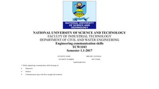 NATIONAL UNIVERSITY OF SCIENCE AND TECHNOLOGY
FACULTY OF INDUSTRIAL TECHNOLOGY
DEPARTMENT OF CIVIL AND WATER ENGINEERING
Engineering communication skills
TCW1103
Semester 1.1-2017
STUDENT NAME : MBUDZI TAVONGA
STUDENT NUMBER: N0172769W
ASSINGMENT01
1. Define engineering communication skills focusing on:
 Objectives
 Purpose
 Communication types with their strength and weakness
 