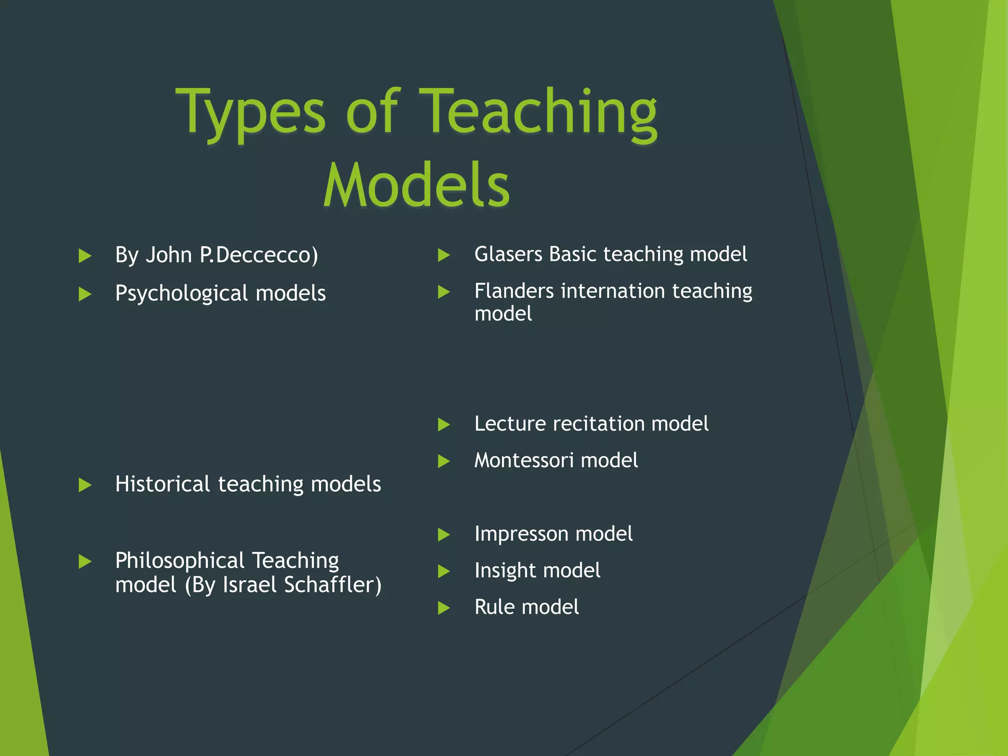 Types of Teaching
Models
 By John P.Deccecco)
 Psychological models
 Historical teaching models
 Philosophical Teaching
model (By Israel Schaffler)
 Glasers Basic teaching model
 Flanders internation teaching
model
 Lecture recitation model
 Montessori model
 Impresson model
 Insight model
 Rule model
 