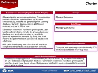 7.
TCS GE Confidential
CharterDefine Step B
Business Case (Including High Level Benefit Analysis) In Scope
Specific Problem Statement
Specific Goal Statement
Out of Scope
iManage is data warehouse application. The application
consists of complex reports access by 30 users
simultaneously. Reports are generating from 'uatimng'
database. Currently database size is 200Gb and
expected to grow to 30% a year.
Generation on complex reports on growing data, user
has to wait more than a minute. On growing business,
database and application requires to capable to
generate report within a minute. By doing this, it will
improve the performance of application & saves users
effort time.
60% reduction of query execution time will enable to
comply the standards to achieve less than a minute.
iManage Databases
iManage Query tuning
To reduce average query execution time by 60%
on imanage database by 31-aug-2006.
Currently iManage application consists of complex reports access by 30 users simultaneously
on UAT database and production database. Generation on complex reports on growing data,
user has to wait more than a minute. Database and application requires to capable to generate
report within a minute.
 