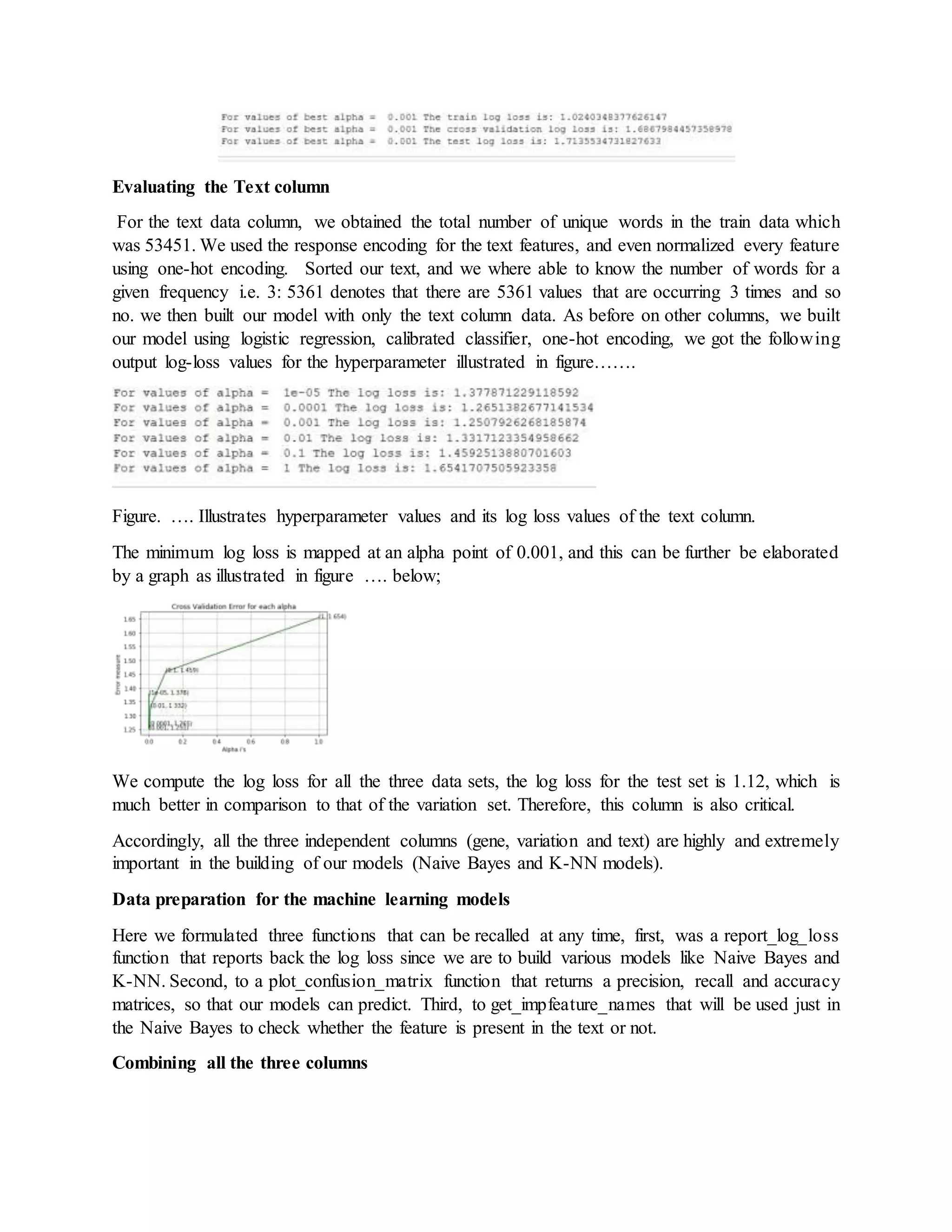Evaluating the Text column
For the text data column, we obtained the total number of unique words in the train data which
was 53451. We used the response encoding for the text features, and even normalized every feature
using one-hot encoding. Sorted our text, and we where able to know the number of words for a
given frequency i.e. 3: 5361 denotes that there are 5361 values that are occurring 3 times and so
no. we then built our model with only the text column data. As before on other columns, we built
our model using logistic regression, calibrated classifier, one-hot encoding, we got the following
output log-loss values for the hyperparameter illustrated in figure…….
Figure. …. Illustrates hyperparameter values and its log loss values of the text column.
The minimum log loss is mapped at an alpha point of 0.001, and this can be further be elaborated
by a graph as illustrated in figure …. below;
We compute the log loss for all the three data sets, the log loss for the test set is 1.12, which is
much better in comparison to that of the variation set. Therefore, this column is also critical.
Accordingly, all the three independent columns (gene, variation and text) are highly and extremely
important in the building of our models (Naive Bayes and K-NN models).
Data preparation for the machine learning models
Here we formulated three functions that can be recalled at any time, first, was a report_log_loss
function that reports back the log loss since we are to build various models like Naive Bayes and
K-NN. Second, to a plot_confusion_matrix function that returns a precision, recall and accuracy
matrices, so that our models can predict. Third, to get_impfeature_names that will be used just in
the Naive Bayes to check whether the feature is present in the text or not.
Combining all the three columns
 