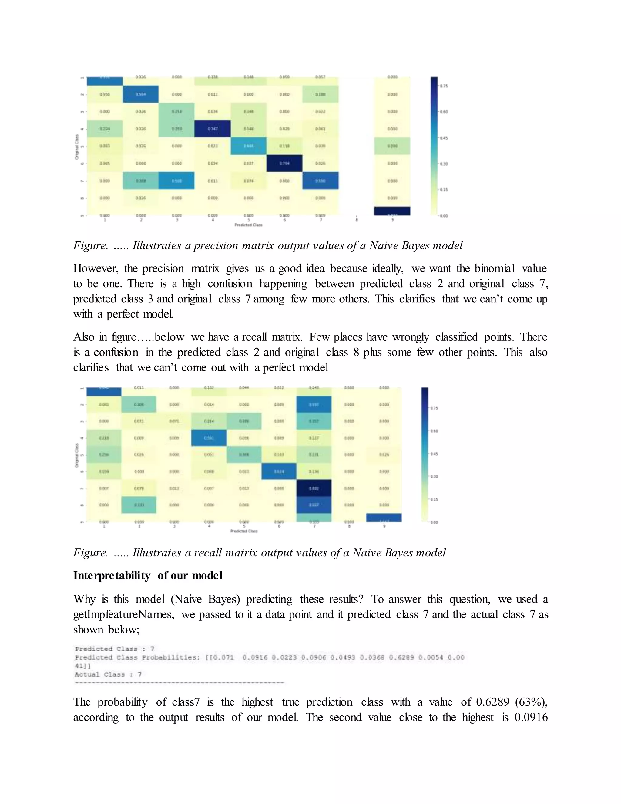 Figure. ….. Illustrates a precision matrix output values of a Naive Bayes model
However, the precision matrix gives us a good idea because ideally, we want the binomial value
to be one. There is a high confusion happening between predicted class 2 and original class 7,
predicted class 3 and original class 7 among few more others. This clarifies that we can’t come up
with a perfect model.
Also in figure…..below we have a recall matrix. Few places have wrongly classified points. There
is a confusion in the predicted class 2 and original class 8 plus some few other points. This also
clarifies that we can’t come out with a perfect model
Figure. ….. Illustrates a recall matrix output values of a Naive Bayes model
Interpretability of our model
Why is this model (Naive Bayes) predicting these results? To answer this question, we used a
getImpfeatureNames, we passed to it a data point and it predicted class 7 and the actual class 7 as
shown below;
The probability of class7 is the highest true prediction class with a value of 0.6289 (63%),
according to the output results of our model. The second value close to the highest is 0.0916
 