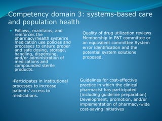 Competency domain 3: systems-based care
and population health
 Follows, maintains, and
reinforces the
pharmacy/health system’s
medication use policies and
processes to ensure proper
and safe dosing, storage,
handling, dispensing,
and/or administration of
medications and
compounded sterile
products.
Quality of drug utilization reviews
Membership in P&T committee or
an equivalent committee System
error identification and the
potential system solutions
proposed.
•Participates in institutional
processes to increase
patients’ access to
medications.
Guidelines for cost-effective
practice in which the clinical
pharmacist has participated
(including guideline preparation)
Development, promotion, and/or
implementation of pharmacy-wide
cost-saving initiatives
 