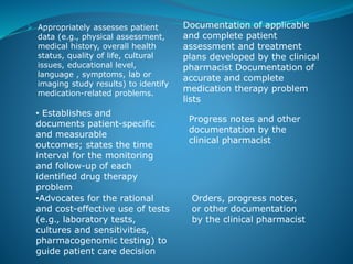  Appropriately assesses patient
data (e.g., physical assessment,
medical history, overall health
status, quality of life, cultural
issues, educational level,
language , symptoms, lab or
imaging study results) to identify
medication-related problems.
Documentation of applicable
and complete patient
assessment and treatment
plans developed by the clinical
pharmacist Documentation of
accurate and complete
medication therapy problem
lists
• Establishes and
documents patient-specific
and measurable
outcomes; states the time
interval for the monitoring
and follow-up of each
identified drug therapy
problem
Progress notes and other
documentation by the
clinical pharmacist
•Advocates for the rational
and cost-effective use of tests
(e.g., laboratory tests,
cultures and sensitivities,
pharmacogenomic testing) to
guide patient care decision
Orders, progress notes,
or other documentation
by the clinical pharmacist
 