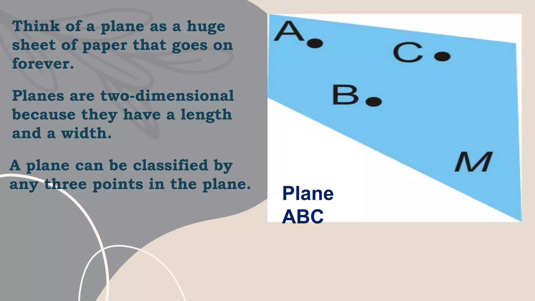 Plane
ABC
Think of a plane as a huge
sheet of paper that goes on
forever.
Planes are two-dimensional
because they have a length
and a width.
A plane can be classified by
any three points in the plane.
 