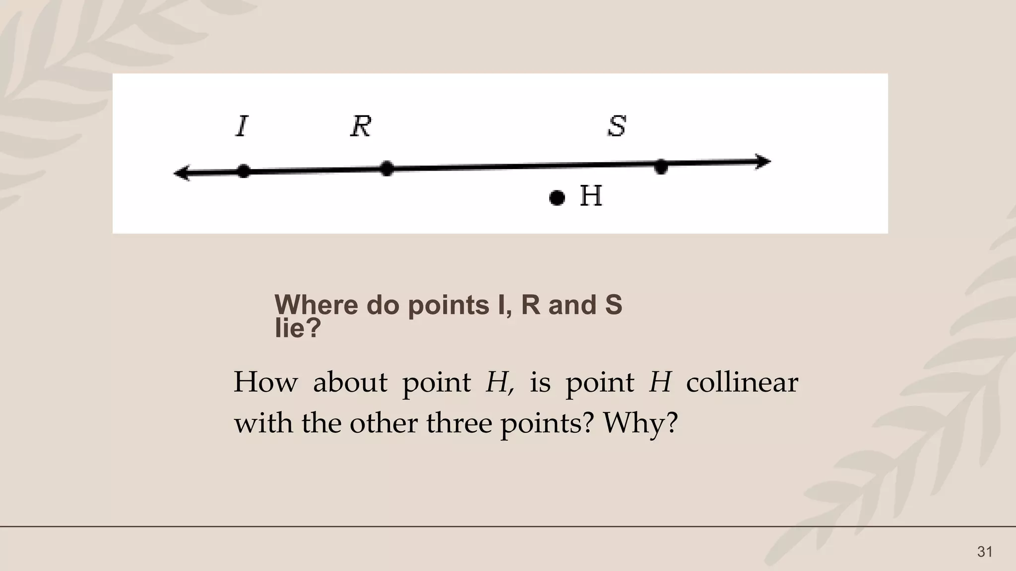Where do points I, R and S
lie?
31
How about point H, is point H collinear
with the other three points? Why?
 