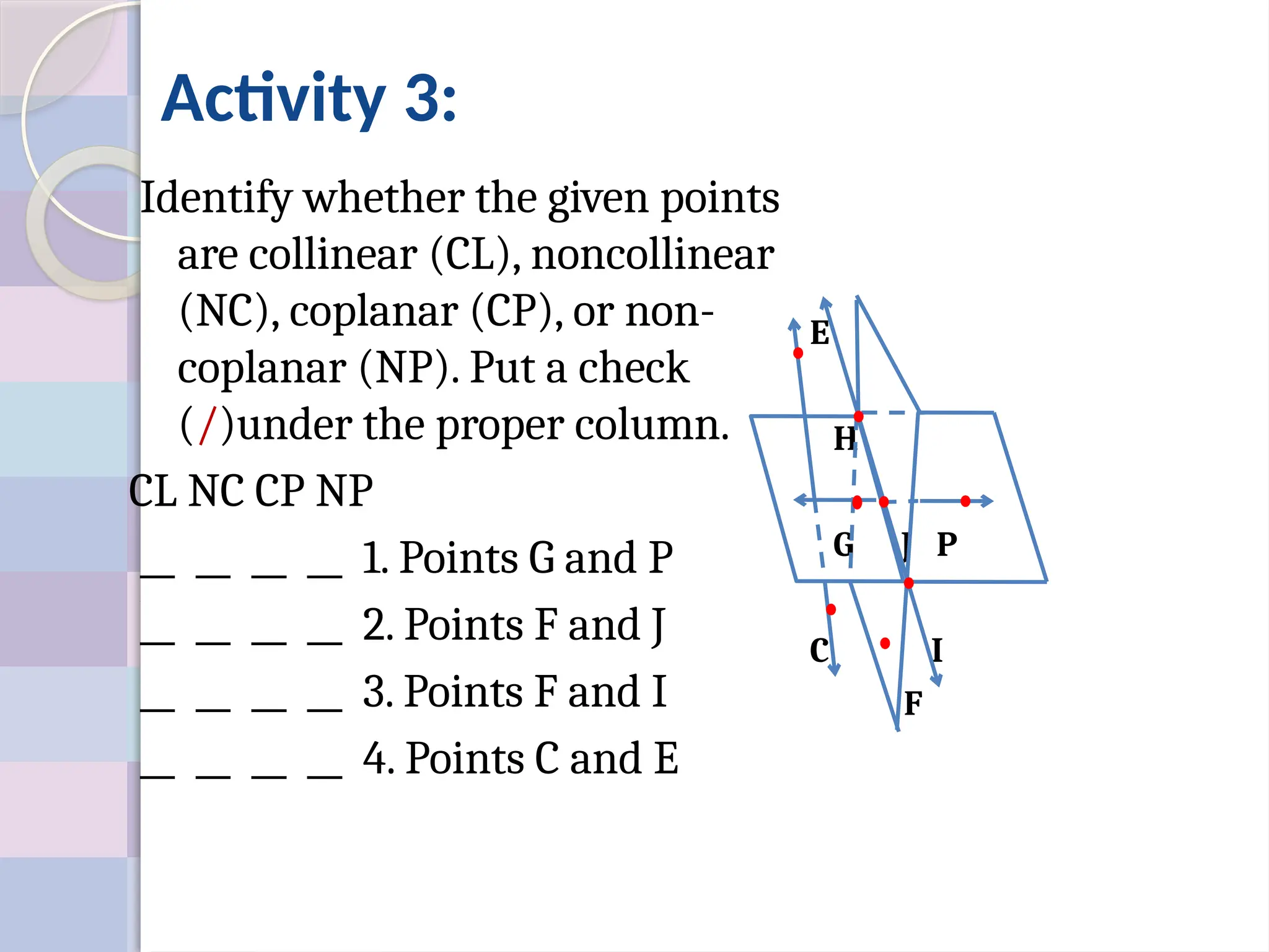 Activity 3:
Identify whether the given points
are collinear (CL), noncollinear
(NC), coplanar (CP), or non-
coplanar (NP). Put a check
(/)under the proper column.
CL NC CP NP
__ __ __ __ 1. Points G and P
__ __ __ __ 2. Points F and J
__ __ __ __ 3. Points F and I
__ __ __ __ 4. Points C and E
E
H
G J P
C I
F
 