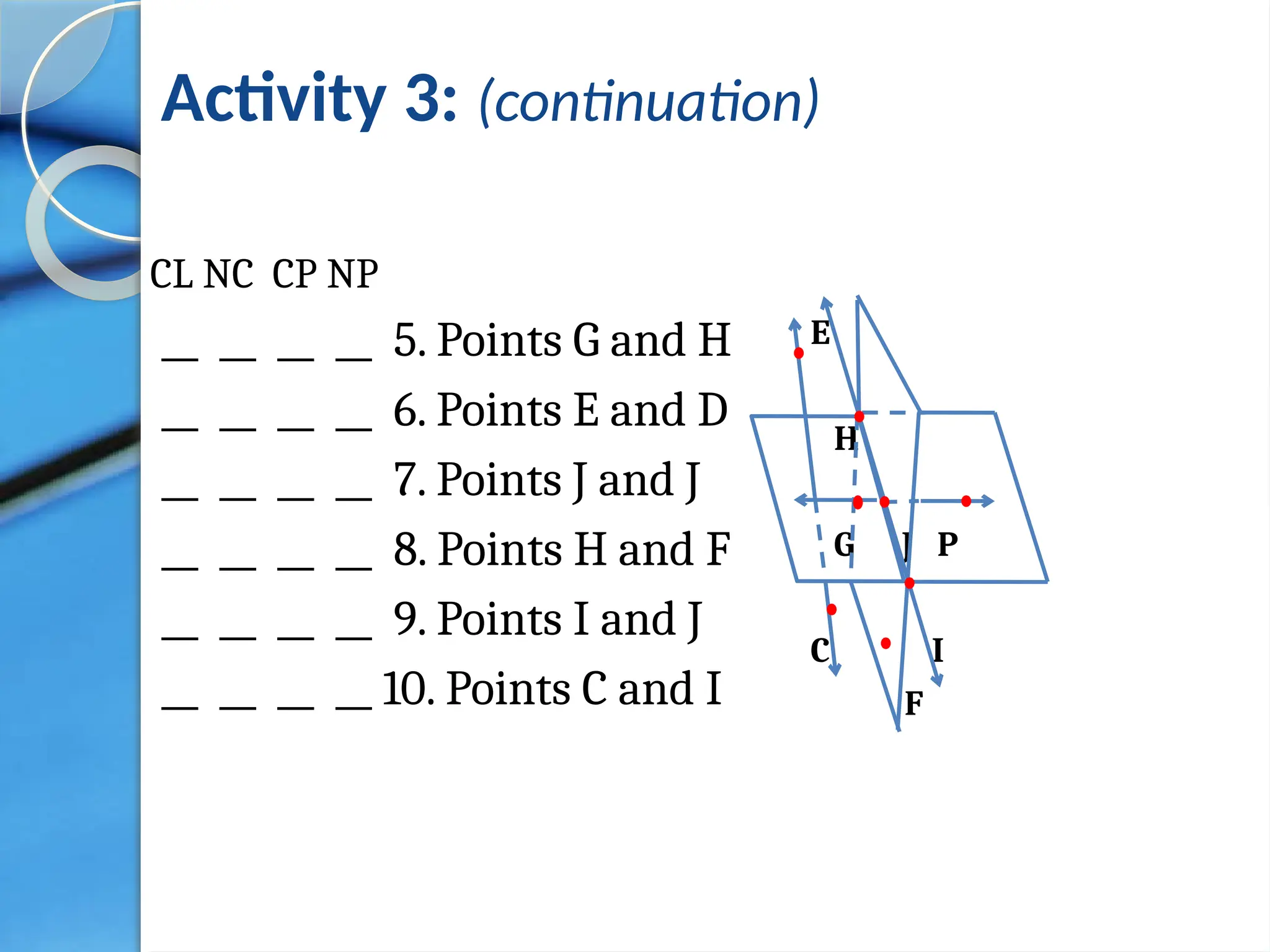 Activity 3: (continuation)
E
H
G J P
C I
F
CL NC CP NP
__ __ __ __ 5. Points G and H
__ __ __ __ 6. Points E and D
__ __ __ __ 7. Points J and J
__ __ __ __ 8. Points H and F
__ __ __ __ 9. Points I and J
__ __ __ __ 10. Points C and I
 