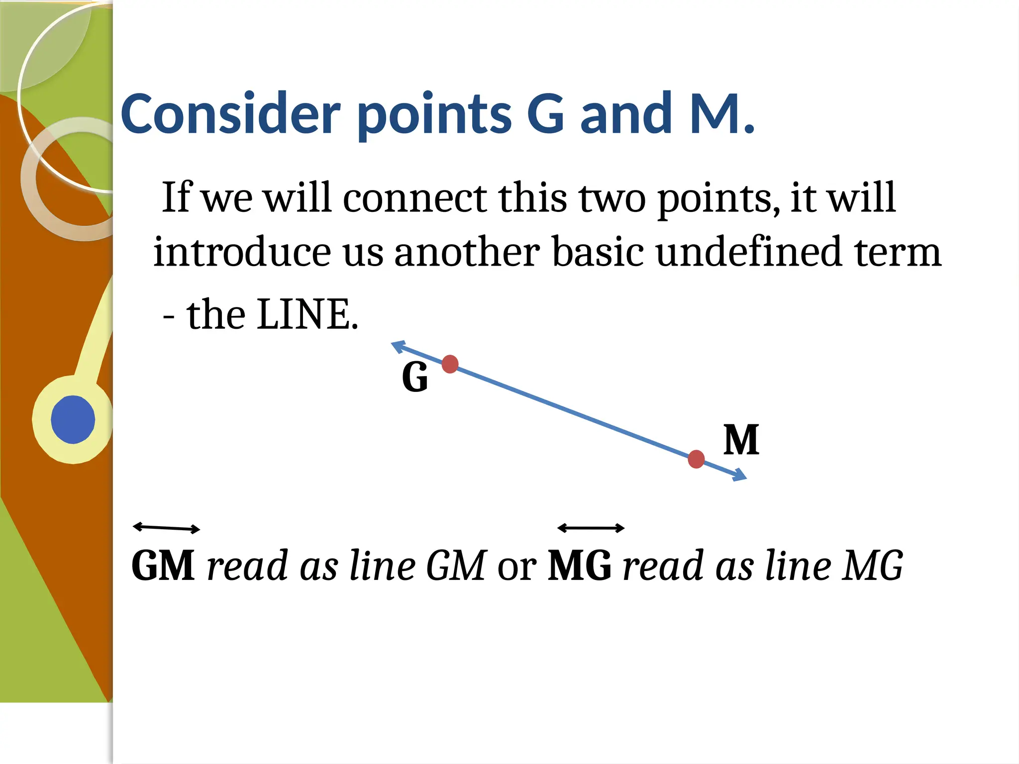 Consider points G and M.
If we will connect this two points, it will
introduce us another basic undefined term
- the LINE.
G
M
GM read as line GM or MG read as line MG
 