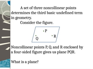A set of three noncollinear points
determines the third basic undefined term
in geometry.
Consider the figure.
Noncollinear points P, Q, and R enclosed by
a four-sided figure gives us plane PQR.
What is a plane?
P
R
Q
 