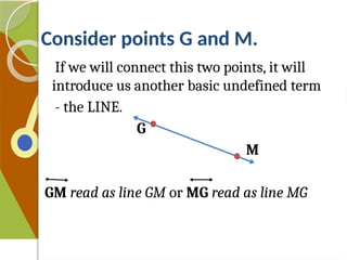 Consider points G and M.
If we will connect this two points, it will
introduce us another basic undefined term
- the LINE.
G
M
GM read as line GM or MG read as line MG
 
