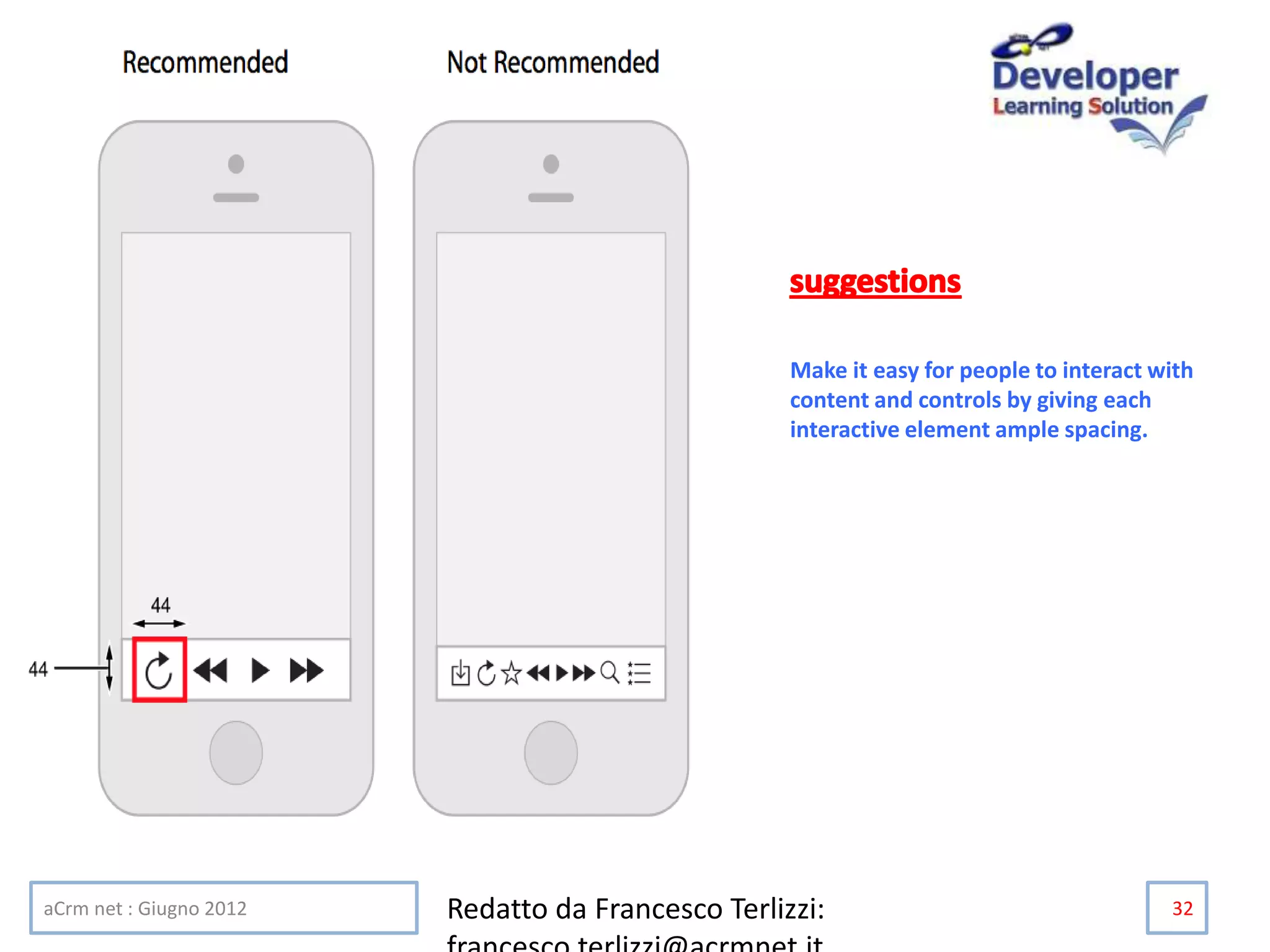 Make it easy for people to interact with
content and controls by giving each
interactive element ample spacing.
aCrm net : Giugno 2012 Redatto da Francesco Terlizzi: 32
 