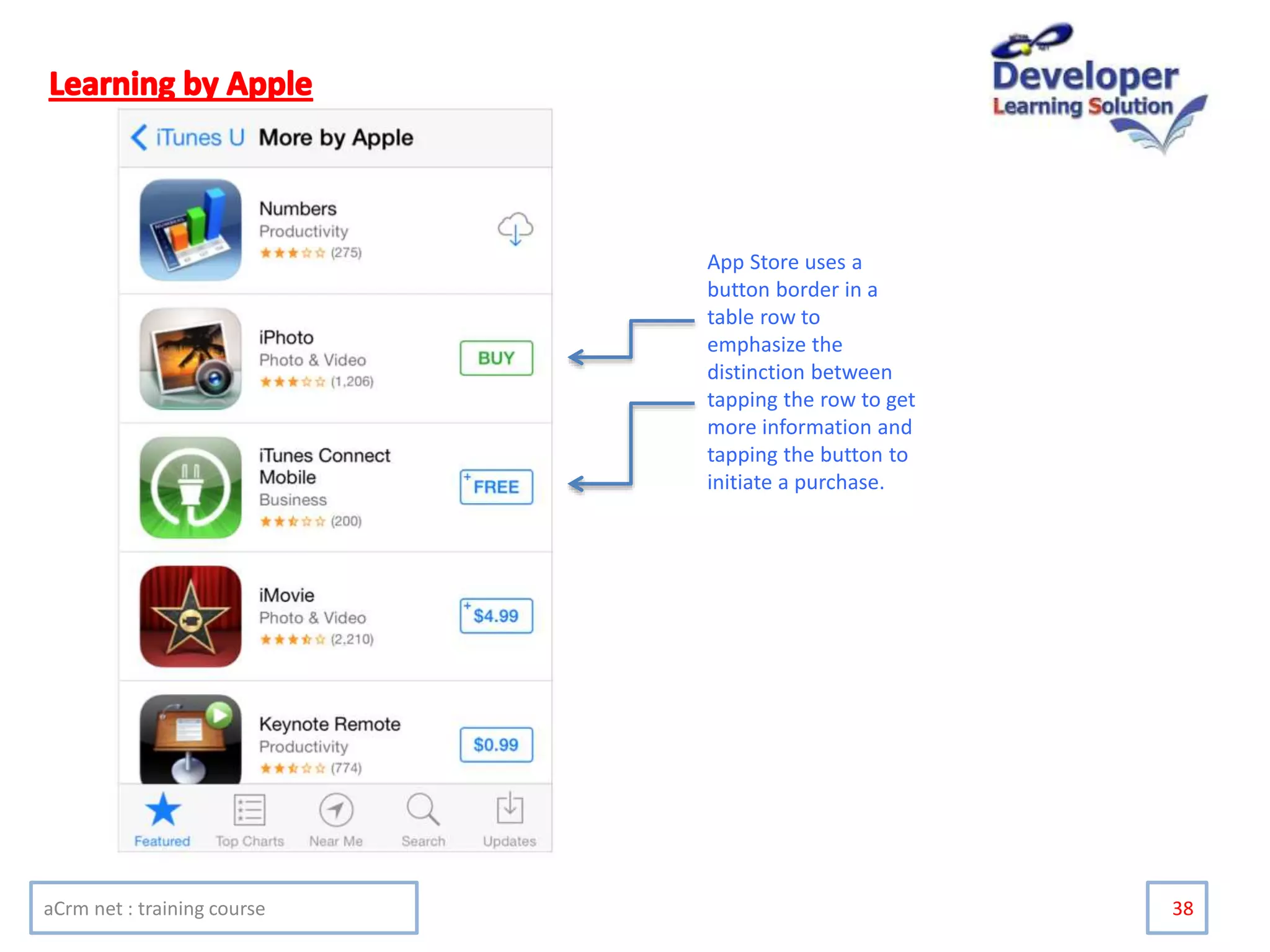 aCrm net : training course 38
App Store uses a
button border in a
table row to
emphasize the
distinction between
tapping the row to get
more information and
tapping the button to
initiate a purchase.
 
