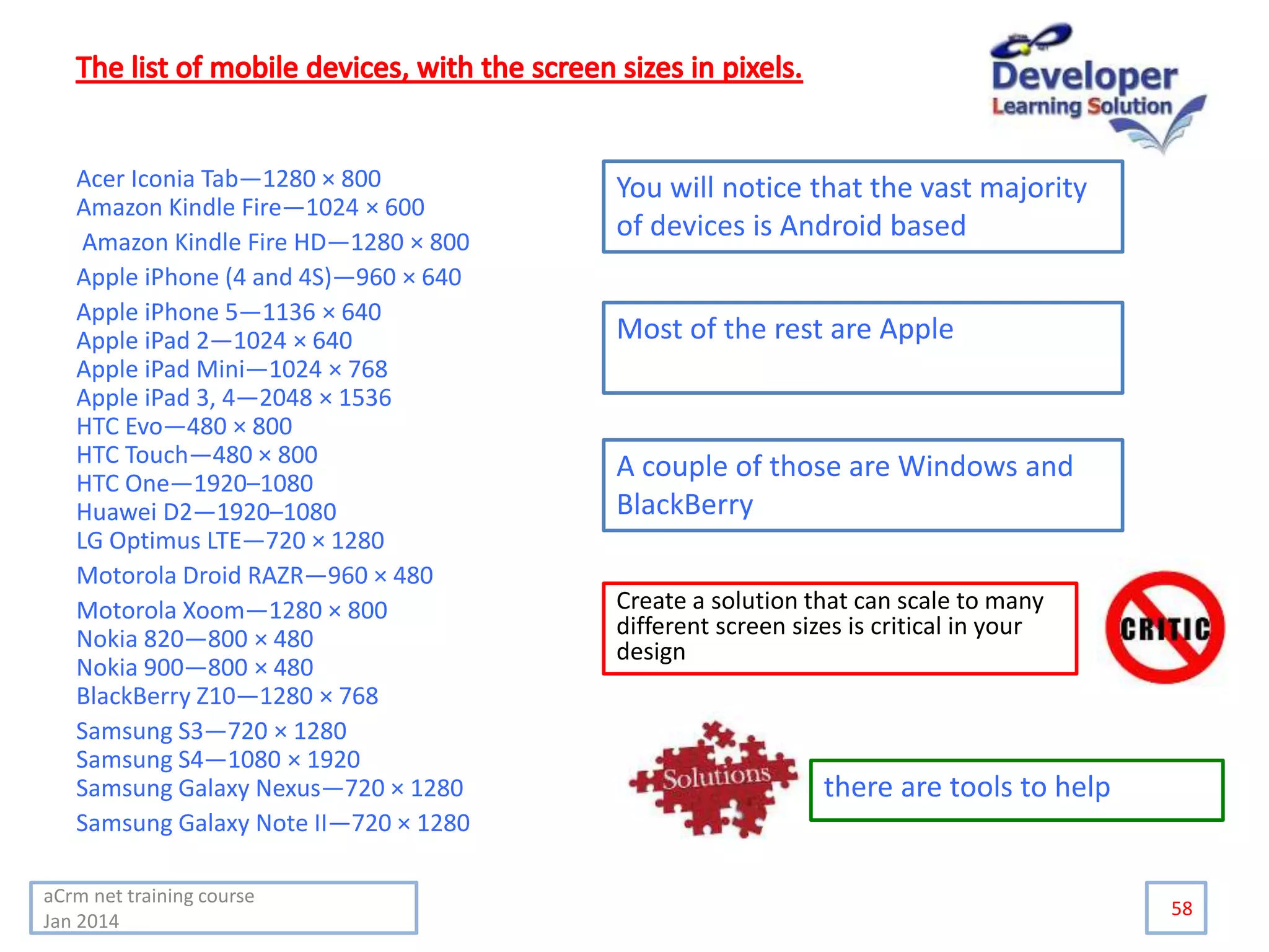 Acer Iconia Tab—1280 × 800
Amazon Kindle Fire—1024 × 600
Amazon Kindle Fire HD—1280 × 800
Apple iPhone (4 and 4S)—960 × 640
Apple iPhone 5—1136 × 640
Apple iPad 2—1024 × 640
Apple iPad Mini—1024 × 768
Apple iPad 3, 4—2048 × 1536
HTC Evo—480 × 800
HTC Touch—480 × 800
HTC One—1920–1080
Huawei D2—1920–1080
LG Optimus LTE—720 × 1280
Motorola Droid RAZR—960 × 480
Motorola Xoom—1280 × 800
Nokia 820—800 × 480
Nokia 900—800 × 480
BlackBerry Z10—1280 × 768
Samsung S3—720 × 1280
Samsung S4—1080 × 1920
Samsung Galaxy Nexus—720 × 1280
Samsung Galaxy Note II—720 × 1280
58
You will notice that the vast majority
of devices is Android based
Most of the rest are Apple
A couple of those are Windows and
BlackBerry
Create a solution that can scale to many
different screen sizes is critical in your
design
there are tools to help
aCrm net training course
Jan 2014
 