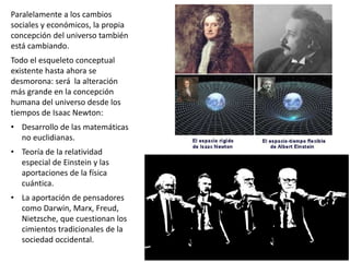 Paralelamente a los cambios
sociales y económicos, la propia
concepción del universo también
está cambiando.
Todo el esqueleto conceptual
existente hasta ahora se
desmorona: será la alteración
más grande en la concepción
humana del universo desde los
tiempos de Isaac Newton:
• Desarrollo de las matemáticas
no euclidianas.
• Teoría de la relatividad
especial de Einstein y las
aportaciones de la física
cuántica.
• La aportación de pensadores
como Darwin, Marx, Freud,
Nietzsche, que cuestionan los
cimientos tradicionales de la
sociedad occidental.
 