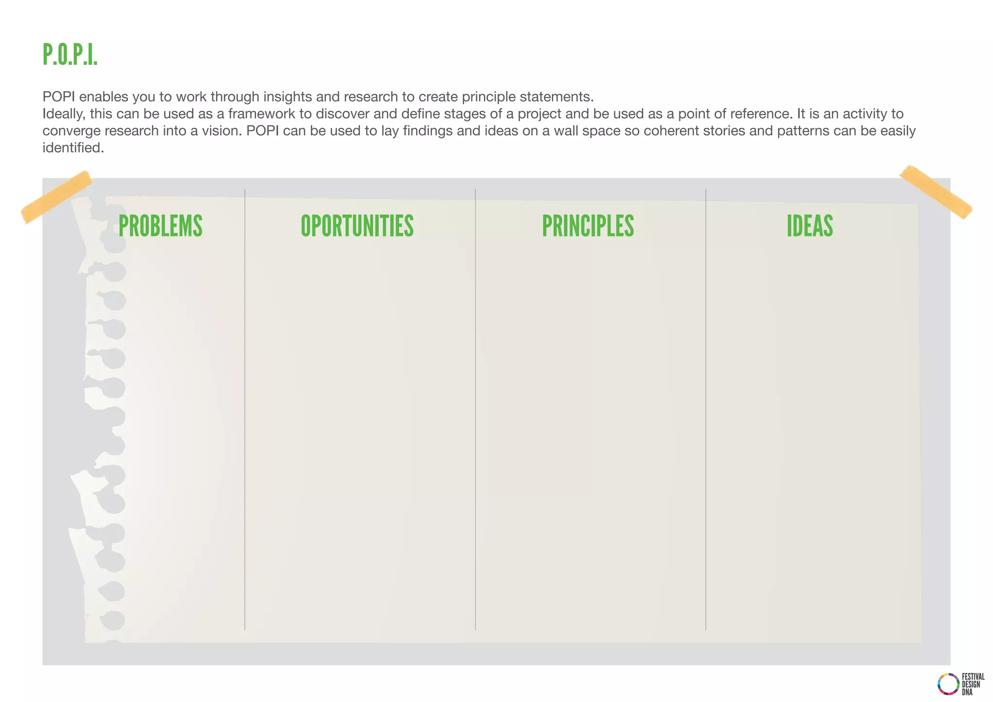 P.O.P.I.
POPI enables you to work through insights and research to create principle statements.
Ideally, this can be used as a framework to discover and define stages of a project and be used as a point of reference. It is an activity to
converge research into a vision. POPI can be used to lay findings and ideas on a wall space so coherent stories and patterns can be easily
identified.




            PROBLEMS                     OPORTUNITIES                           PRINCIPLES                              IDEAS




                                                                                                                                                FESTIVAL
                                                                                                                                                DESIGN
                                                                                                                                                DNA
 
