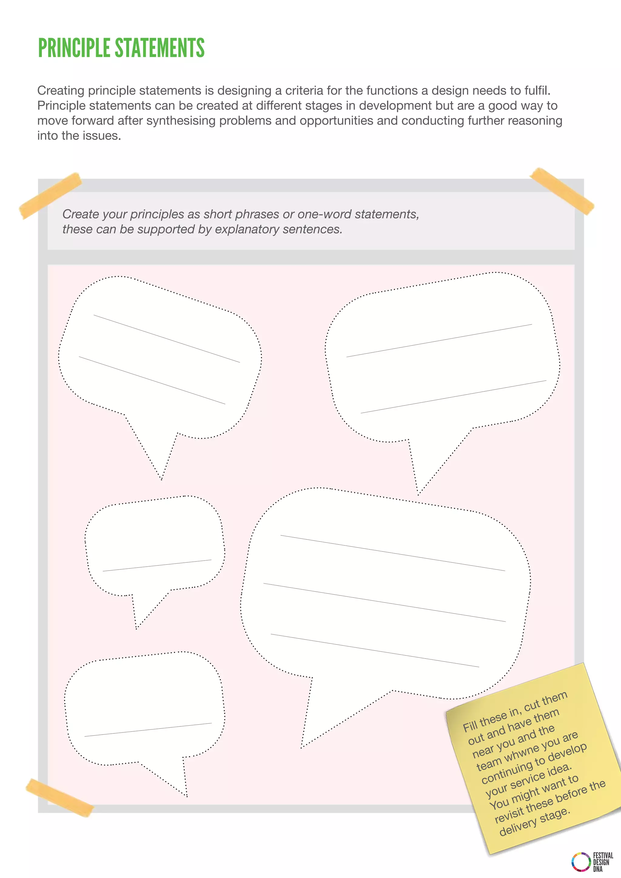 PRINCIPLE STATEMENTS
Creating principle statements is designing a criteria for the functions a design needs to fulfil.
Principle statements can be created at different stages in development but are a good way to
move forward after synthesising problems and opportunities and conducting further reasoning
into the issues.




    Create your principles as short phrases or one-word statements,
    these can be supported by explanatory sentences.




                                                                                                       them
                                                                                                   cut
                                                                                              in, hem
                                                                                      ese            t
                                                                              Fi ll th d have he
                                                                                      a n           dt      e
                                                                               out you an you ar p
                                                                                 ne  ar            ne evelo
                                                                                            whw o d
                                                                                   team inuing t idea.
                                                                                          t
                                                                                    con service ant to he
                                                                                            r                 t
                                                                                     you ight w before
                                                                                               m
                                                                                       You it these e.
                                                                                               s         g
                                                                                        revi ery sta
                                                                                          de   liv

                                                                                                           FESTIVAL
                                                                                                           DESIGN
                                                                                                           DNA
 