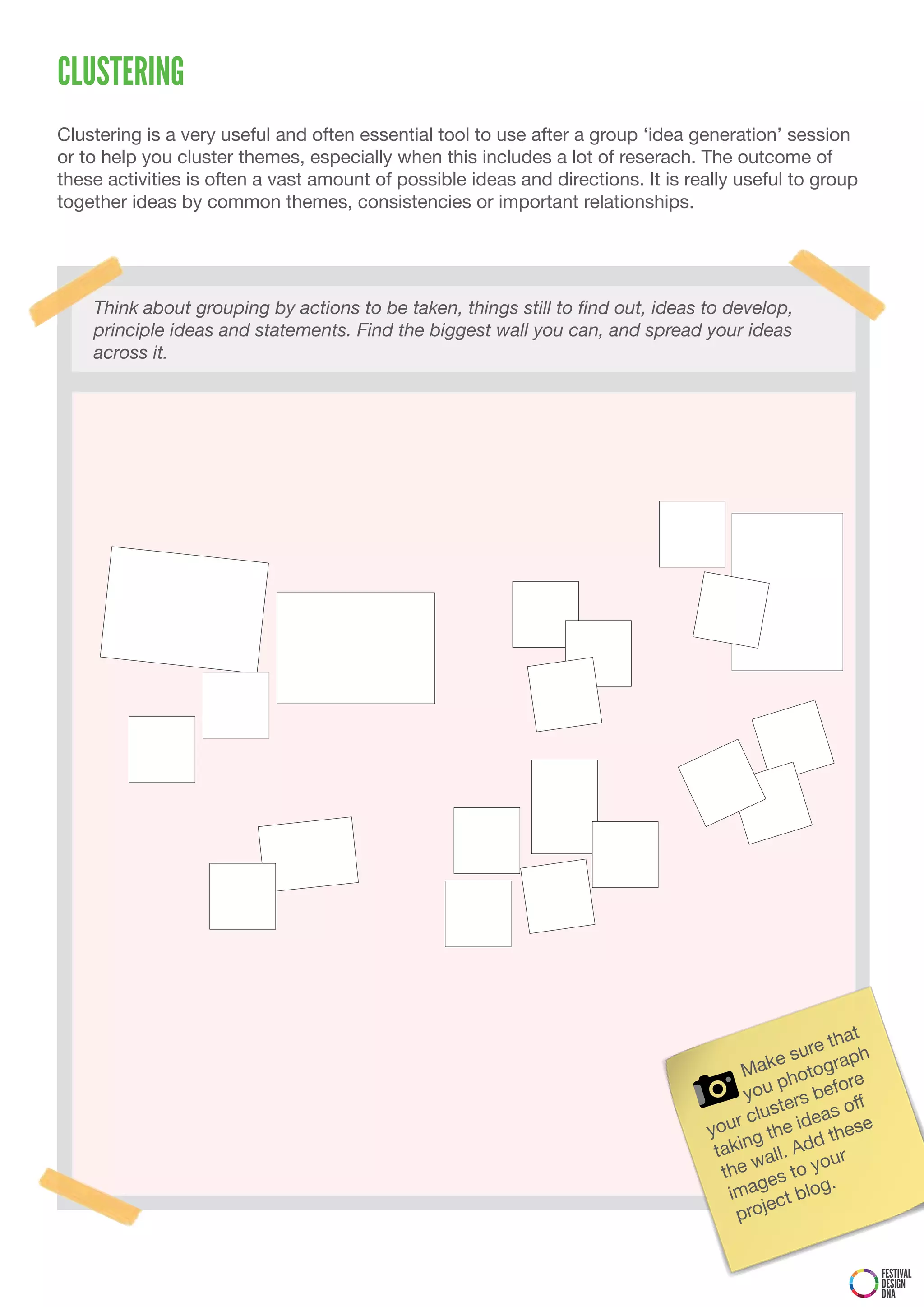 CLUSTERING
Clustering is a very useful and often essential tool to use after a group ‘idea generation’ session
or to help you cluster themes, especially when this includes a lot of reserach. The outcome of
these activities is often a vast amount of possible ideas and directions. It is really useful to group
together ideas by common themes, consistencies or important relationships.




    Think about grouping by actions to be taken, things still to find out, ideas to develop,
    principle ideas and statements. Find the biggest wall you can, and spread your ideas
    across it.




                                                                                                       that
                                                                                              e   sure raph
                                                                                         Mak hotog e
                                                                                               p          r
                                                                                         you rs befo ff
                                                                                               t e
                                                                                         clus         as o
                                                                                   y our the ide these
                                                                                         ng          d
                                                                                    taki all. Ad ur
                                                                                          w           o
                                                                                      the es to y
                                                                                           g            .
                                                                                       ima ct blog
                                                                                             e
                                                                                        proj


                                                                                                              FESTIVAL
                                                                                                              DESIGN
                                                                                                              DNA
 