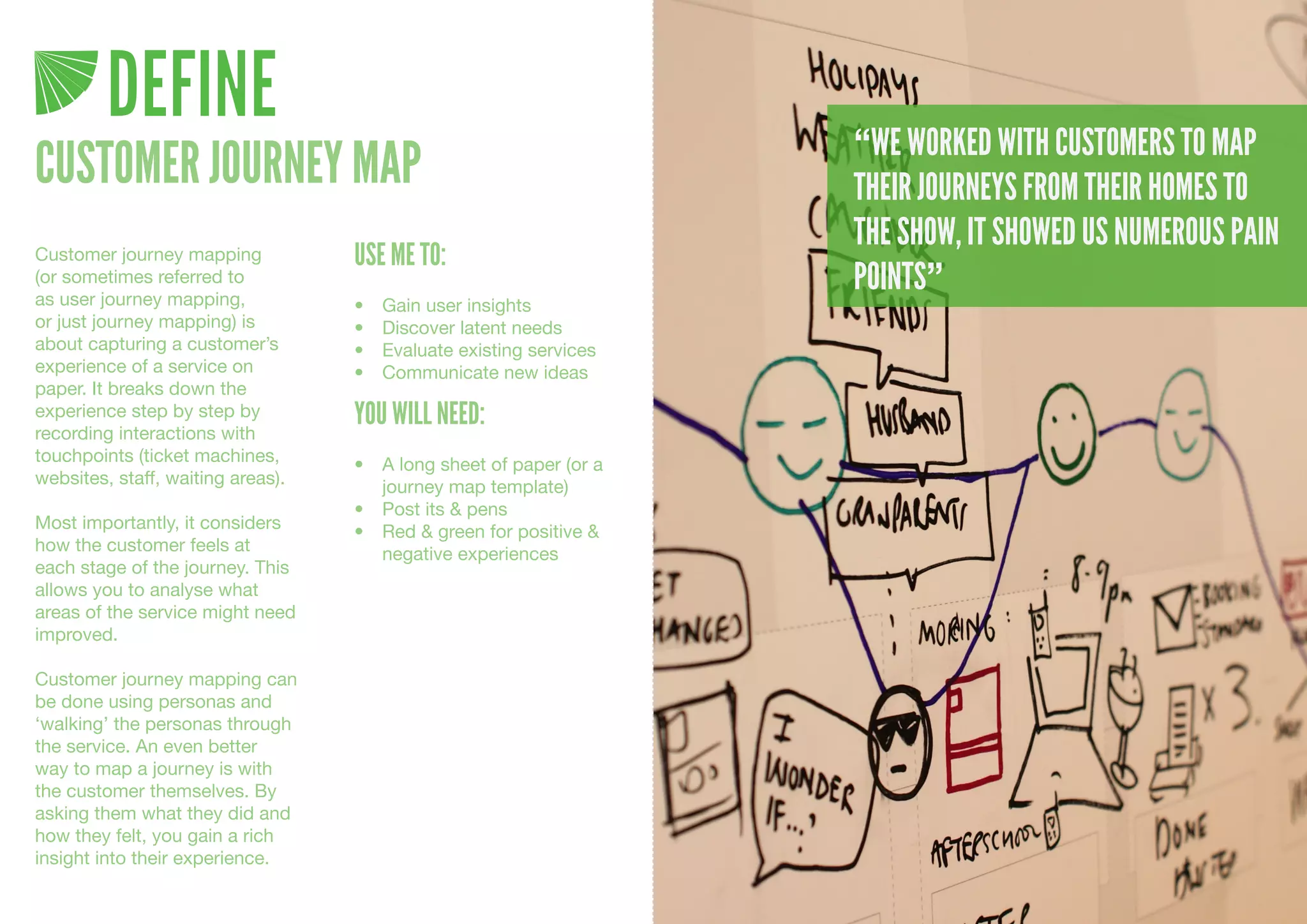 DEFINE                                                      “WE WORKED WITH CUSTOMERS TO MAP
CUSTOMER JOURNEY MAP                                                 THEIR JOURNEYS FROM THEIR HOMES TO
                                                                     THE SHOW, IT SHOWED US NUMEROUS PAIN
Customer journey mapping           USE ME TO:
(or sometimes referred to
as user journey mapping,
                                                                     POINTS”
                                   •	   Gain	user	insights
or just journey mapping) is        •	   Discover	latent	needs
about capturing a customer’s       •	   Evaluate	existing	services
experience of a service on         •	   Communicate	new	ideas
paper. It breaks down the
experience step by step by
recording interactions with
                                   YOU WILL NEED:
touchpoints (ticket machines,      •	 A	long	sheet	of	paper	(or	a	
websites, staff, waiting areas).      journey	map	template)
                                   •	 Post	its	&	pens
Most importantly, it considers     •	 Red	&	green	for	positive	&	
how the customer feels at             negative	experiences
each stage of the journey. This
allows you to analyse what
areas of the service might need
improved.

Customer journey mapping can
be done using personas and
‘walking’ the personas through
the service. An even better
way to map a journey is with
the customer themselves. By
asking them what they did and
how they felt, you gain a rich
insight into their experience.
 