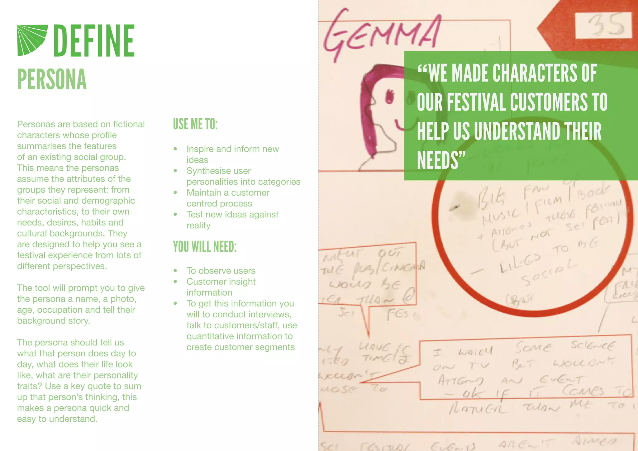 DEFINE
PERSONA                                                               “WE MADE CHARACTERS OF
                                                                      OUR FESTIVAL CUSTOMERS TO
                                   USE ME TO:
                                                                      HELP US UNDERSTAND THEIR
Personas are based on fictional
characters whose profile
summarises the features            •	 Inspire	and	inform	new	
of an existing social group.
This means the personas
                                      ideas
                                   •	 Synthesise	user	
                                                                      NEEDS”
assume the attributes of the          personalities	into	categories
groups they represent: from        •	 Maintain	a	customer	
their social and demographic          centred	process
characteristics, to their own      •	 Test	new	ideas	against	
needs, desires, habits and            reality
cultural backgrounds. They
are designed to help you see a
festival experience from lots of
                                   YOU WILL NEED:
different perspectives.
                                   •	 To	observe	users
                                   •	 Customer	insight	
The tool will prompt you to give
                                      information
the persona a name, a photo,
                                   •	 To	get	this	information	you	
age, occupation and tell their
                                      will	to	conduct	interviews,	
background story.
                                      talk	to	customers/staff,	use	
                                      quantitative	information	to	
The persona should tell us
                                      create	customer	segments
what that person does day to
day, what does their life look
like, what are their personality
traits? Use a key quote to sum
up that person’s thinking, this
makes a persona quick and
easy to understand.
 