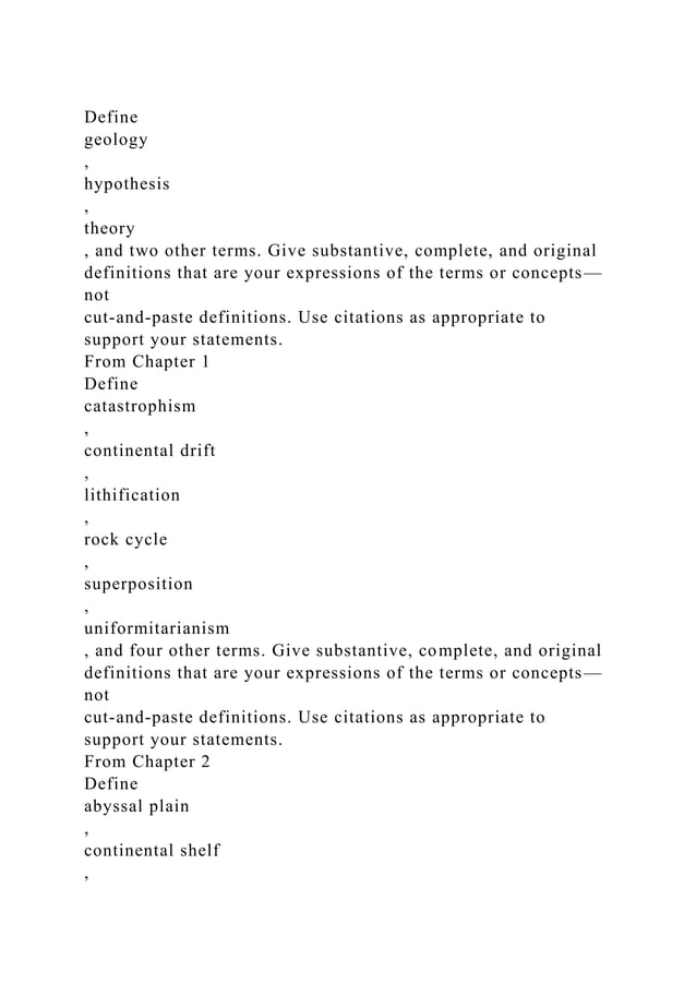 Define geology, hypothesis, theory, and two other terms..docx