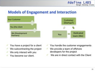 Design. Develop. Create.



Models of Engagement and Interaction

                   




   You have a project for a client    You handle the customer engagements
   We subcontracting the project      We provide a team of offshore
   We only interact with you           developers for the project
   You become our client.              We are in direct contact with the Client




                                                                                      15
 