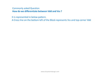 Commonly asked Question
How do we differentiate between Vdd and Vss ?

It is represented in below pattern.
A Cross line on the bottom left of the Block represents Vss and top corner Vdd




                            www.vlsisystemdesign.com
 