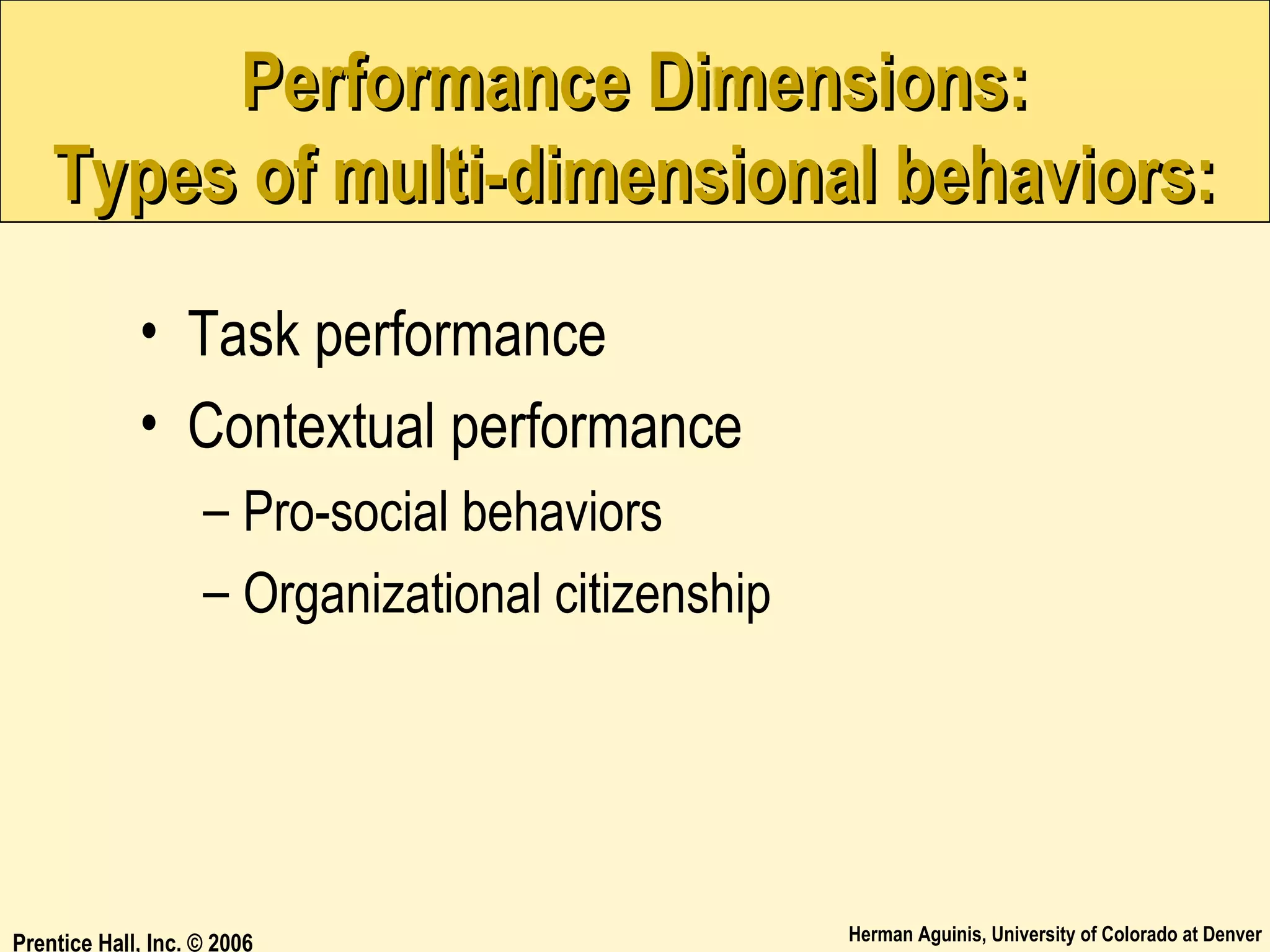 Performance Dimensions:
Types of multi-dimensional behaviors:
• Task performance
• Contextual performance
– Pro-social behaviors
– Organizational citizenship

Prentice Hall, Inc. © 2006

Herman Aguinis, University of Colorado at Denver

 