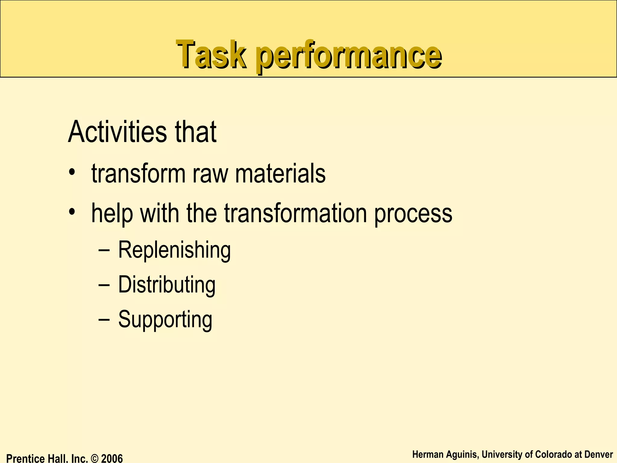 Task performance
Activities that
• transform raw materials
• help with the transformation process
– Replenishing
– Distributing
– Supporting

Prentice Hall, Inc. © 2006

Herman Aguinis, University of Colorado at Denver

 
