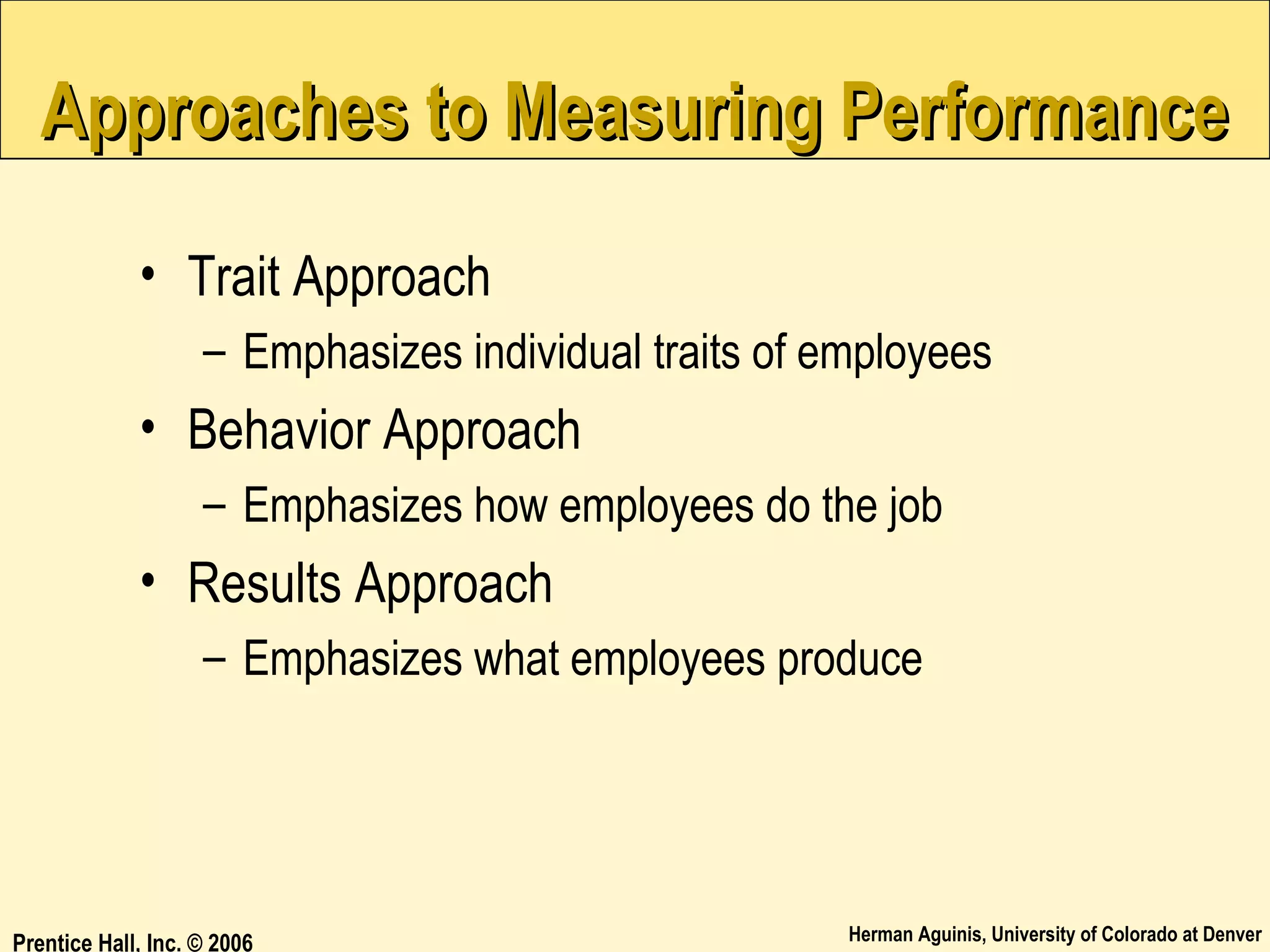 Approaches to Measuring Performance
• Trait Approach
– Emphasizes individual traits of employees

• Behavior Approach
– Emphasizes how employees do the job

• Results Approach
– Emphasizes what employees produce

Prentice Hall, Inc. © 2006

Herman Aguinis, University of Colorado at Denver

 