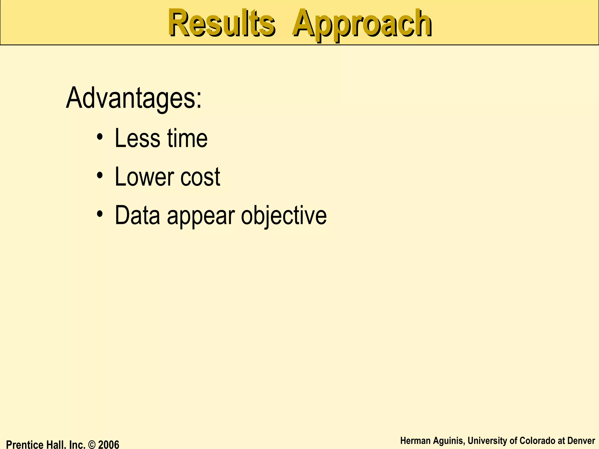 Results Approach
Advantages:
• Less time
• Lower cost
• Data appear objective

Prentice Hall, Inc. © 2006

Herman Aguinis, University of Colorado at Denver

 