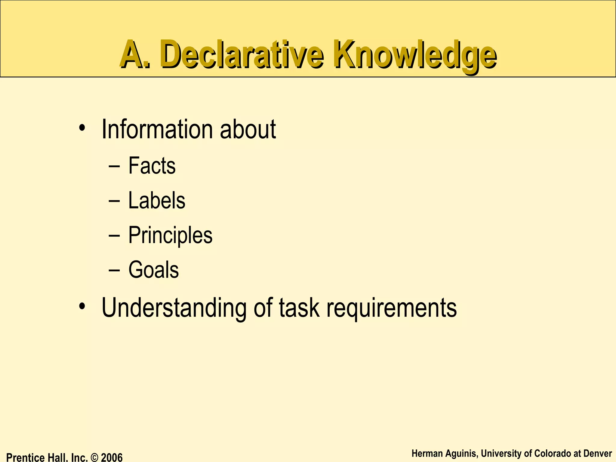 A. Declarative Knowledge
• Information about
–
–
–
–

Facts
Labels
Principles
Goals

• Understanding of task requirements

Prentice Hall, Inc. © 2006

Herman Aguinis, University of Colorado at Denver

 
