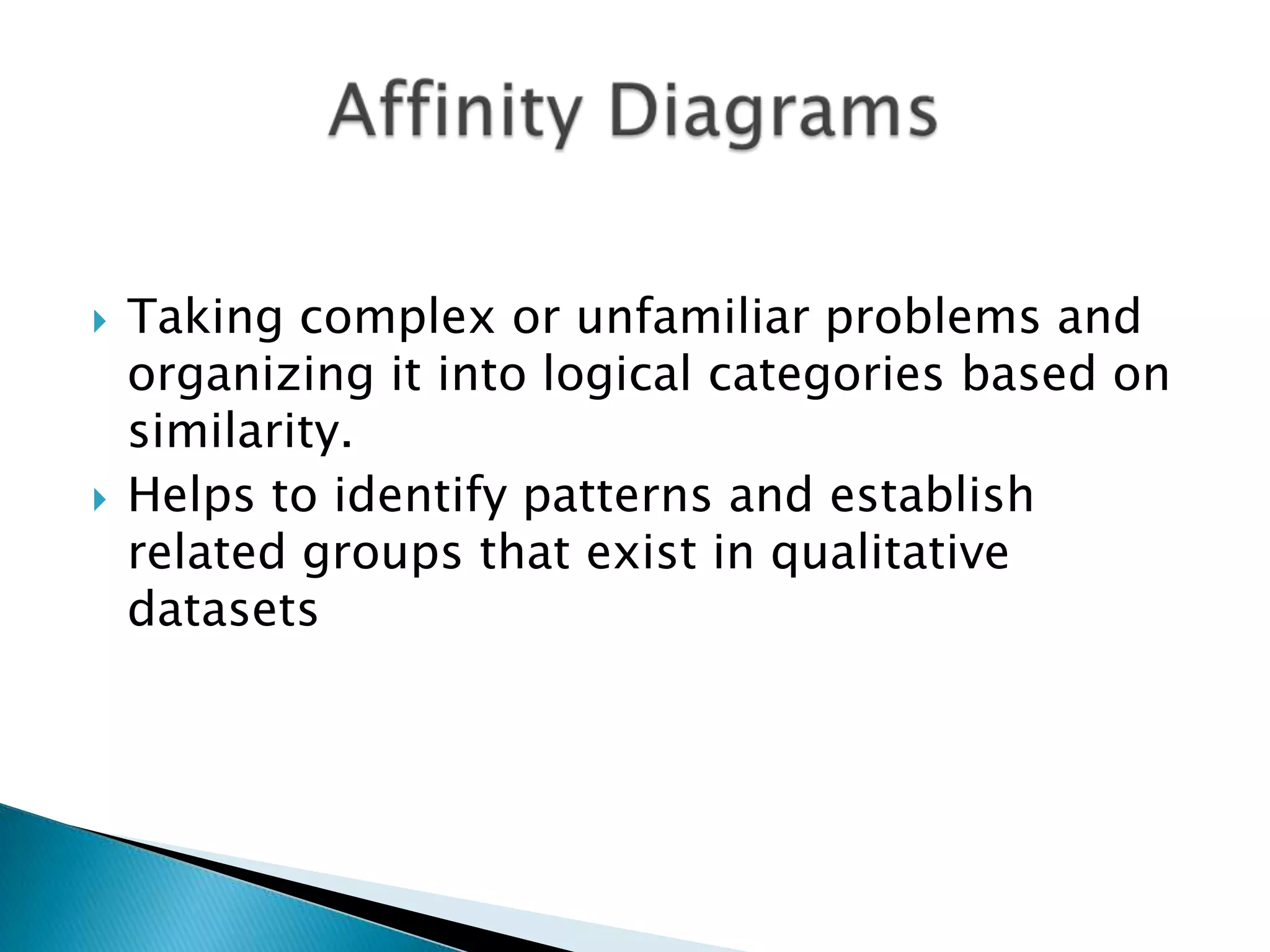 Taking complex or unfamiliar problems and organizing it into logical categories based on similarity.Helps to identify patterns and establish related groups that exist in qualitative datasetsAffinity Diagrams